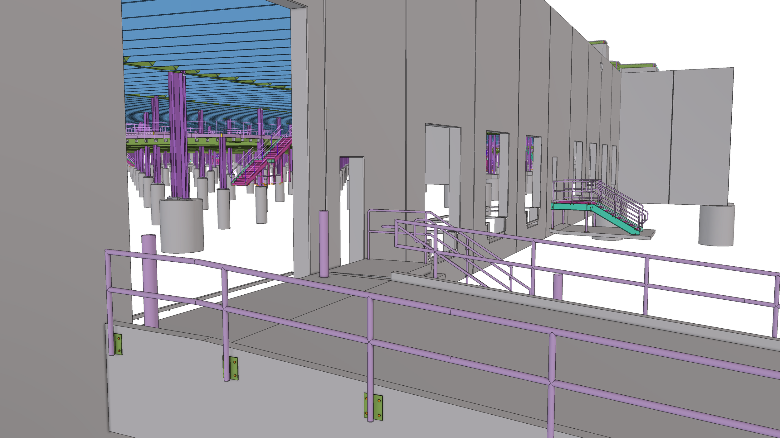 A 3D digital rendering of an industrial or construction site showing structural framework with gray walls, purple support beams, green platforms, and purple safety railings, with stairs and open doorways.