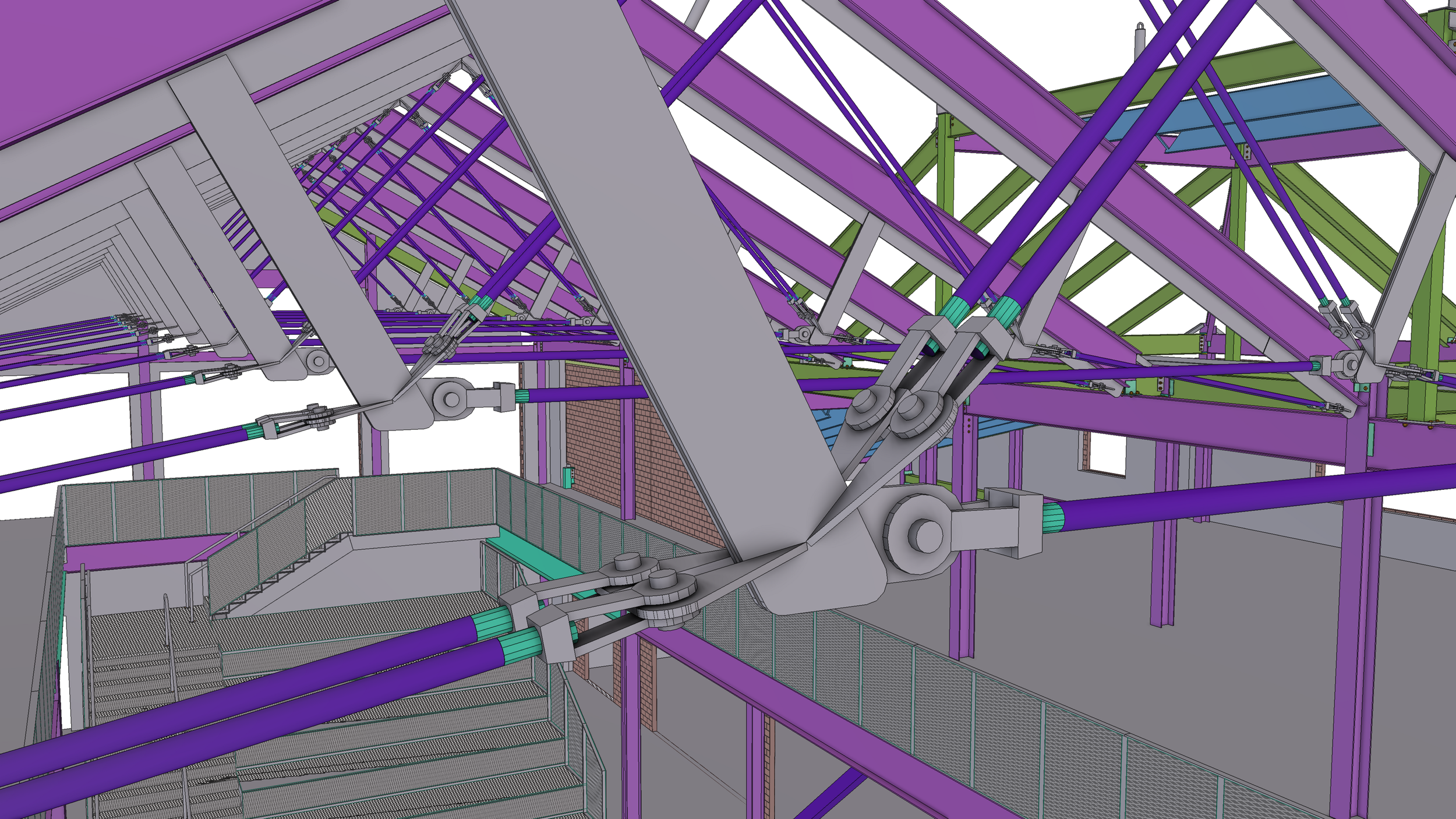 3D digital model of a construction scaffold structure with purple, green, and blue components, including pipes, joints, and safety barriers.