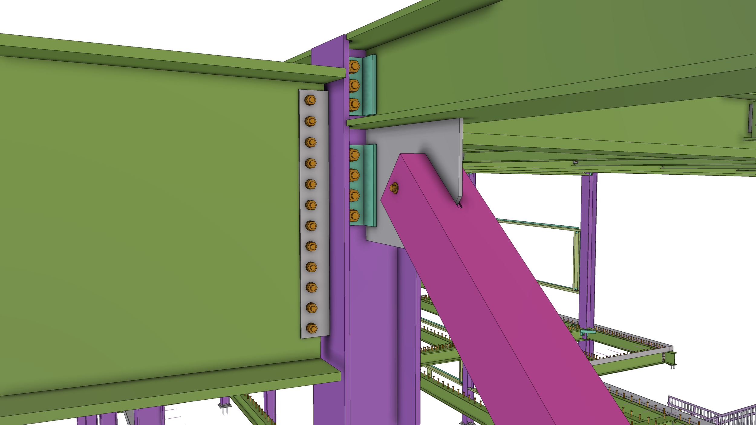 A computer-generated engineering drawing of a multi-colored structural framework, showing green, purple, gray, and teal components held together with orange bolts.