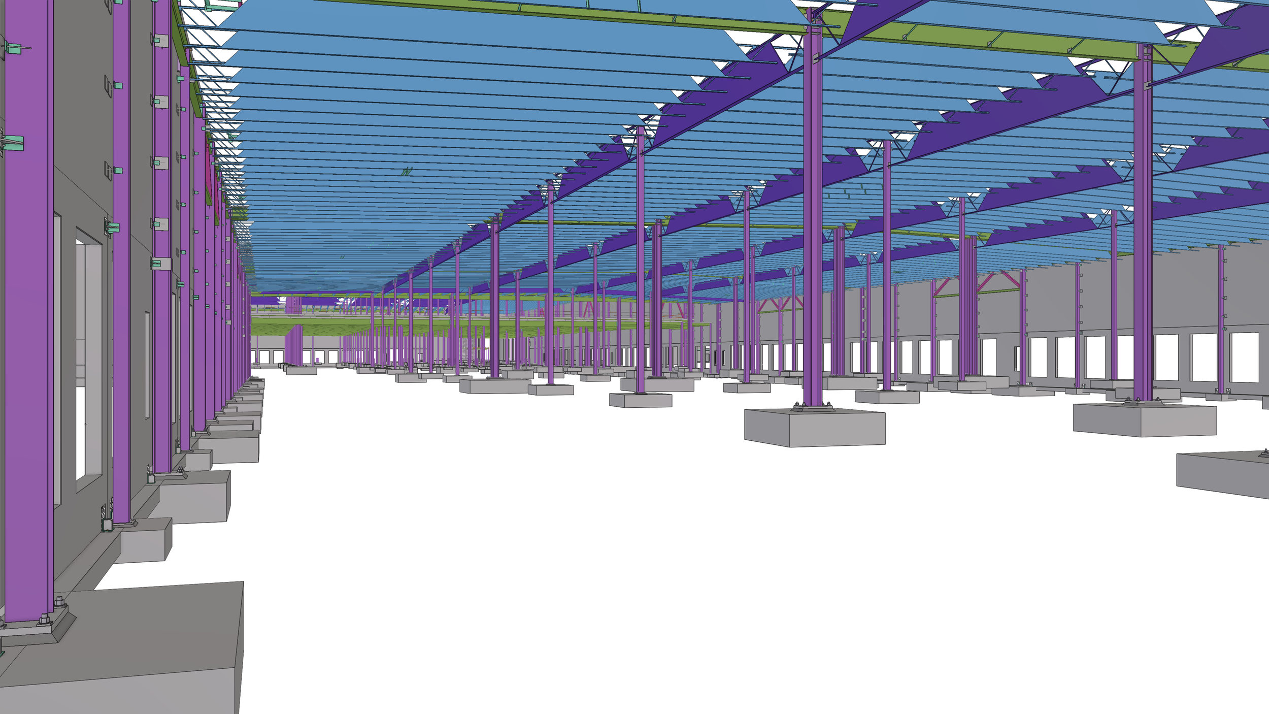 Construction site showing a steel framework with purple and green beams, and concrete foundations, likely for a building or structure. Blue roofing panels are installed on top.