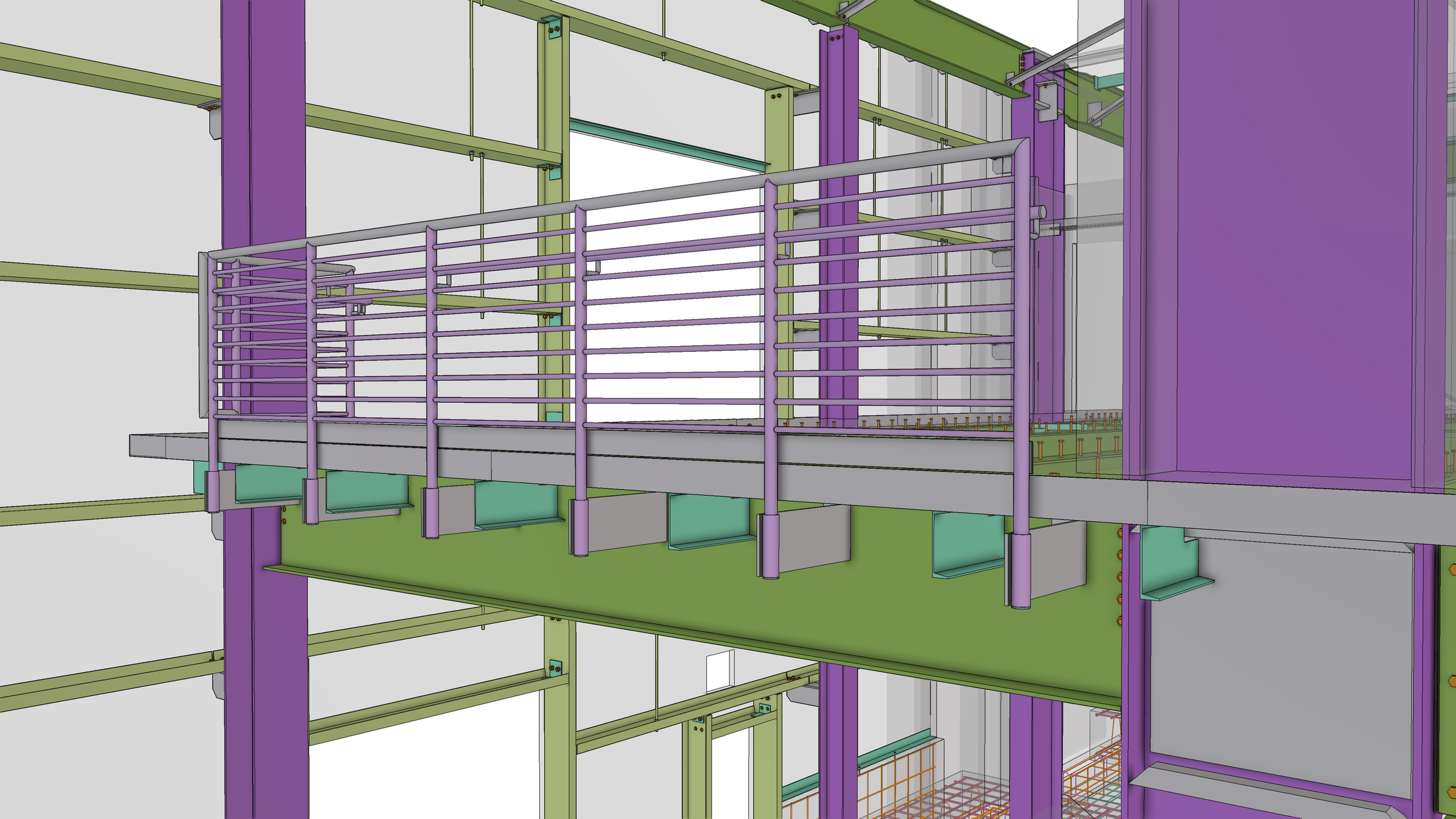 A detailed 3D model of a multi-level construction framework with green floors, purple vertical supports, and beige horizontal beams.