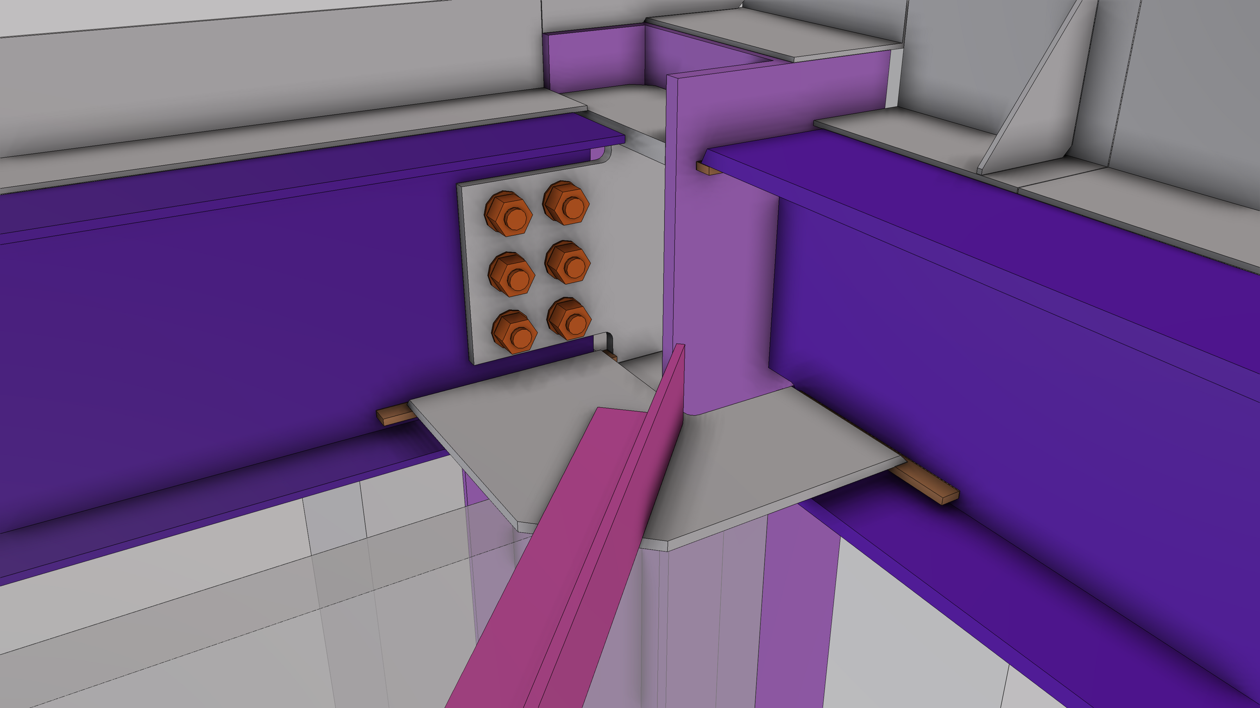 3D model of a colorful kitchen with purple cabinets, a grey countertop, and a purple wall. There are brown bolts or knobs on a white panel near the center. The layout includes a small purple door or drawer and some wooden elements.