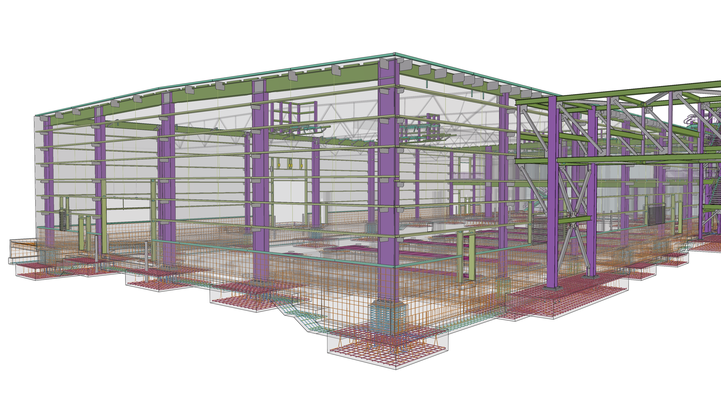 3D model of a multilevel building framework with steel beams and columns, including purple, green, and orange structural components.