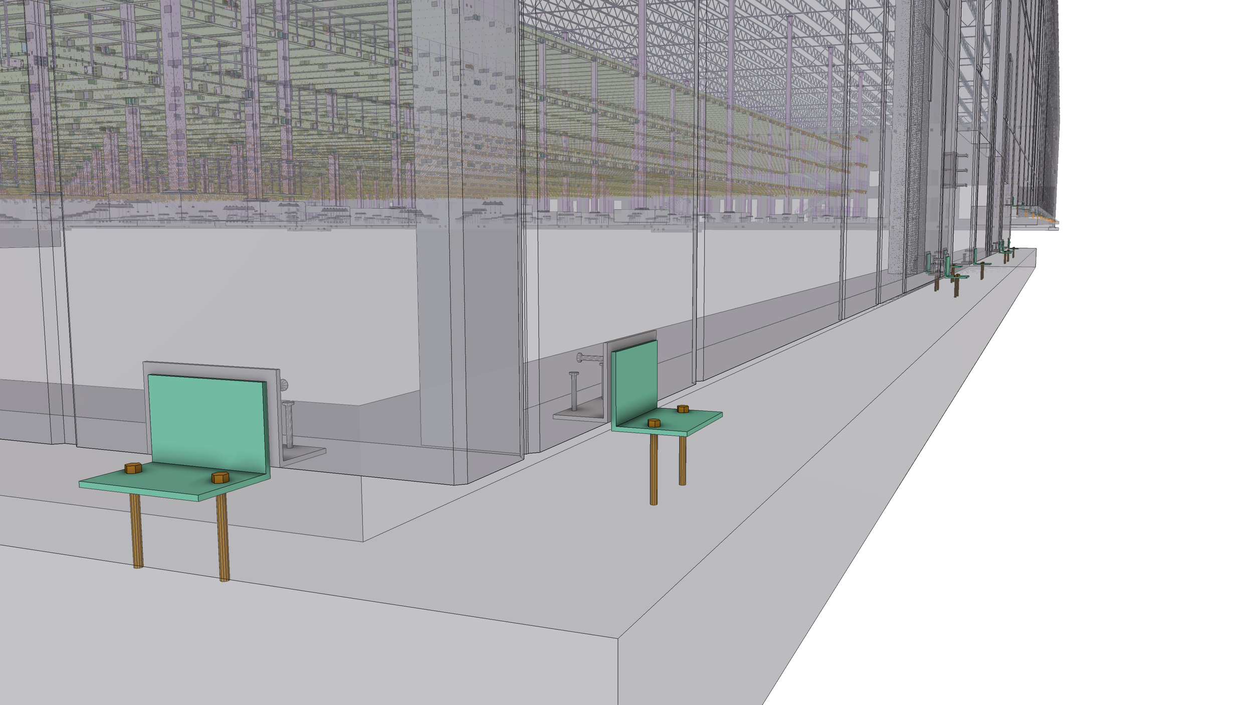 Digital architectural illustration of a building interior with scaffolding, flooring, and two small testing stations with green panels and brown weights.