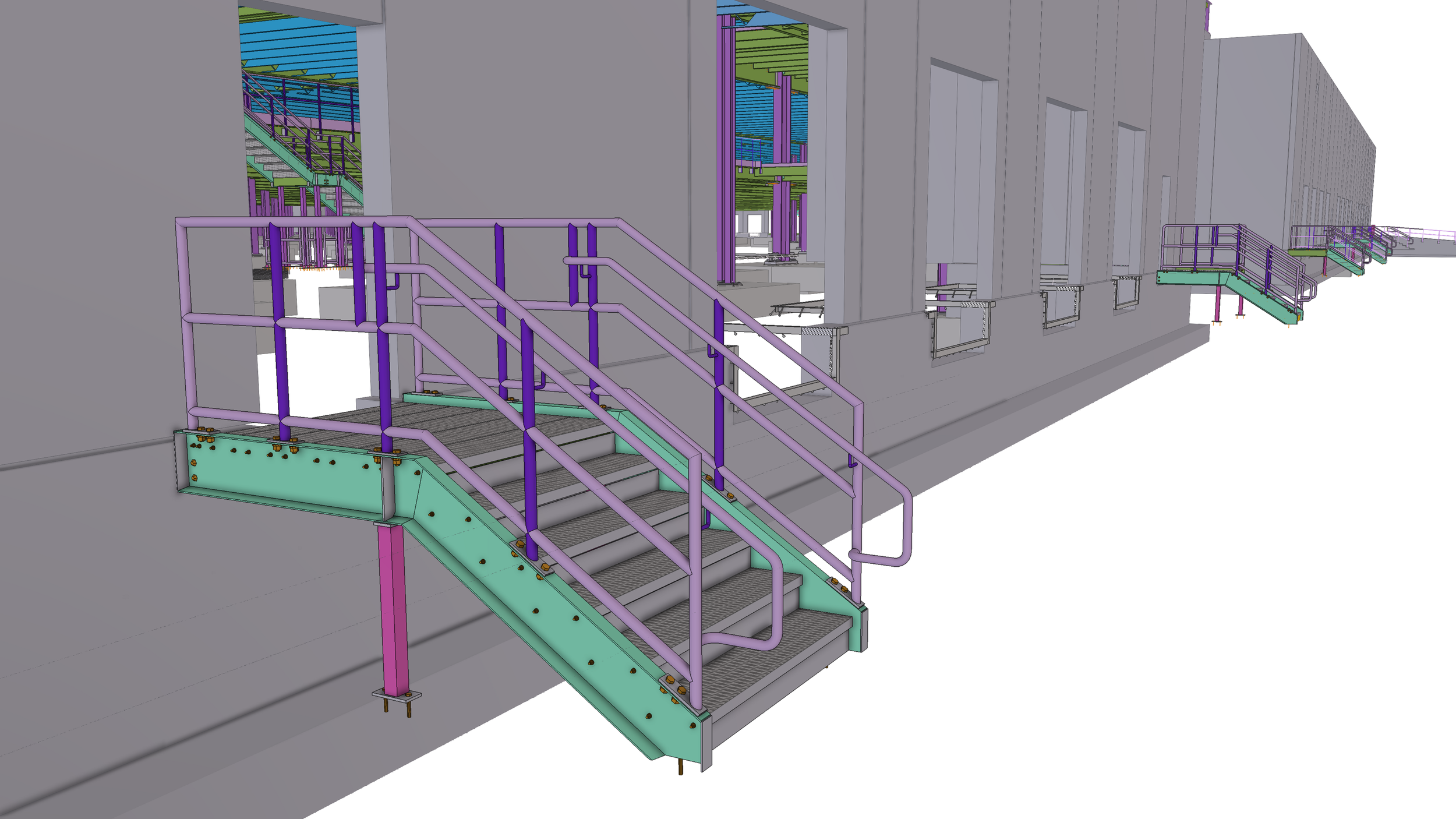 3D model of a building's interior with stairs, railings, support beams, and structural elements in multiple colors.