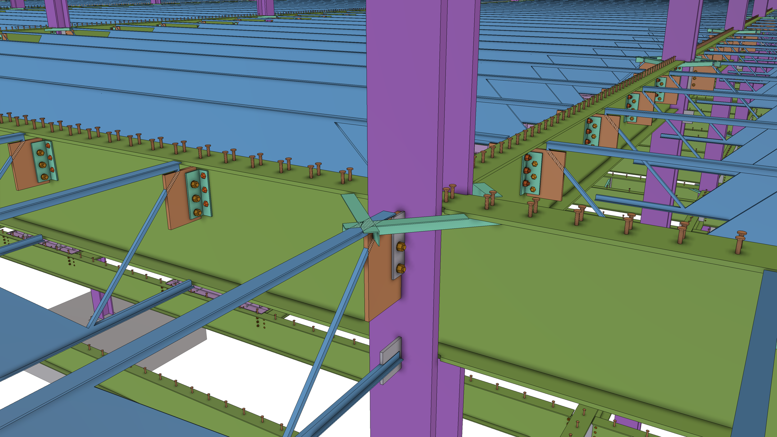 A detailed technical illustration of a building's structural framework, showing beams, columns, and support brackets in various colors, including purple, green, blue, and brown.