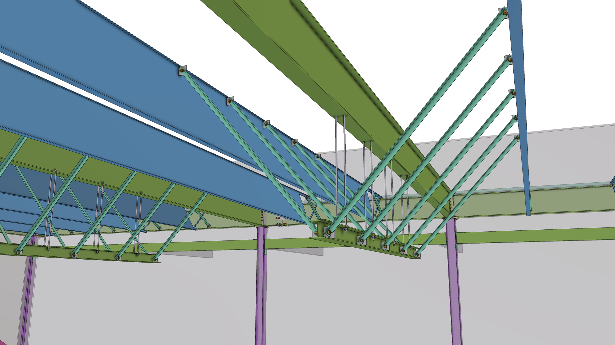 A digital rendering of a roller coaster with multiple green and blue tracks and a network of supporting beams and poles.