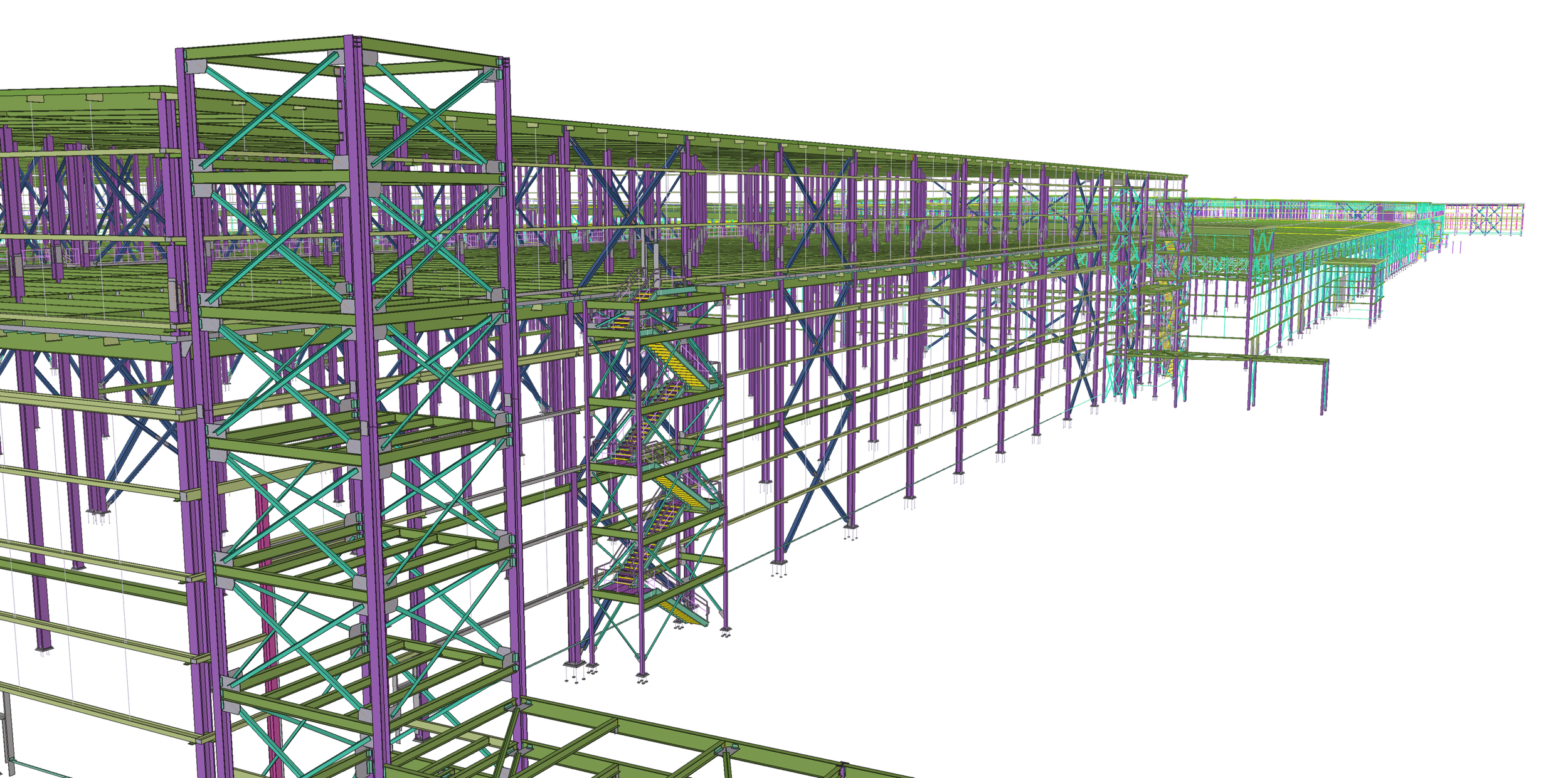 A detailed digital model of a large multi-story steel framework building, showing beams, columns, staircases, and cross-bracing in various colors.