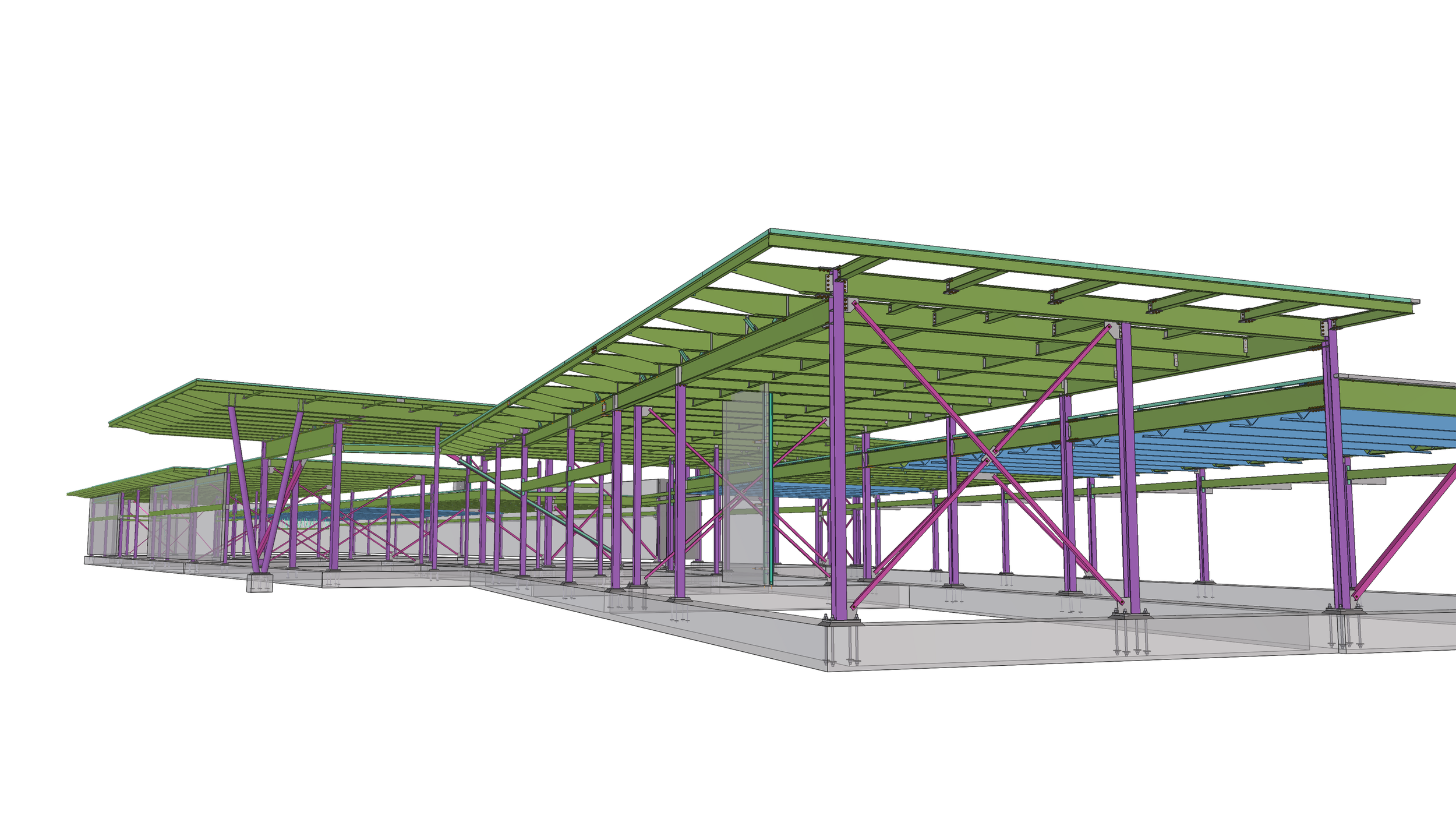 A digital engineering model of a building under construction with a green roof supported by purple structural steel beams and braces.