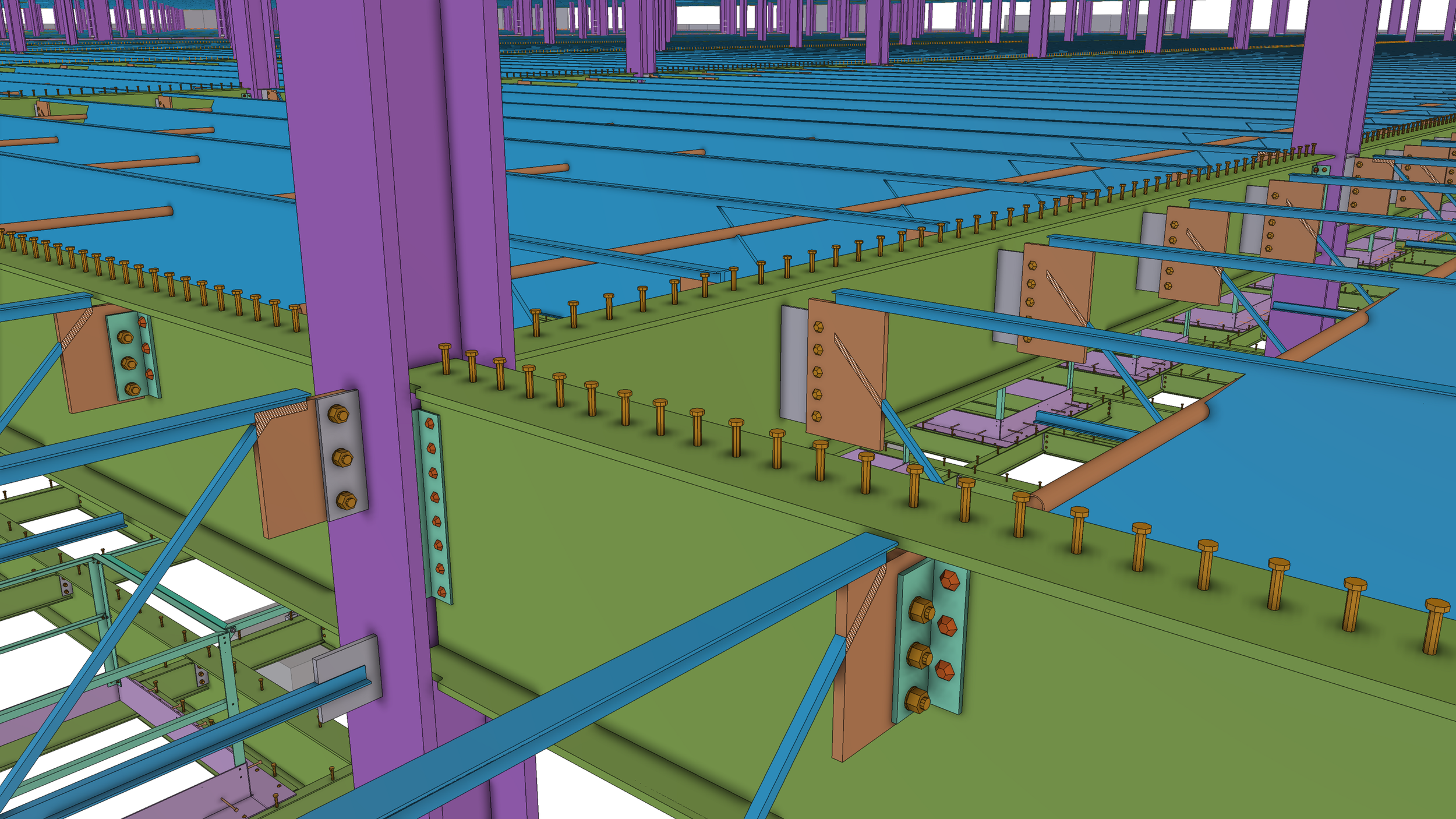 A digital 3D rendering of a large structural steel framework with multicolored beams and columns, including purple, green, blue, and brown components, secured with bolts and fasteners.