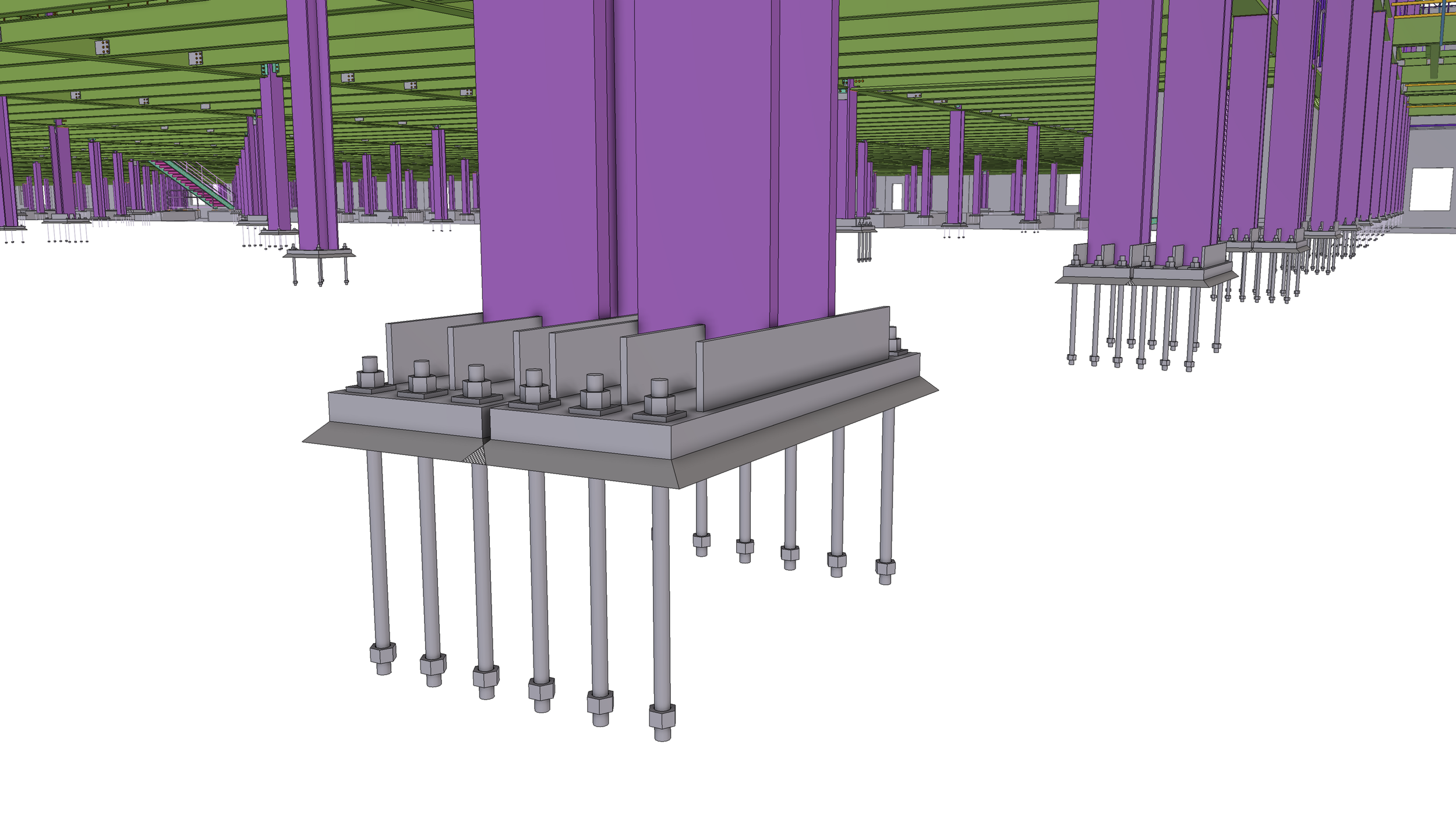 3D model of a construction foundation with purple vertical beams, metal bolts, and steel rods extending downward.