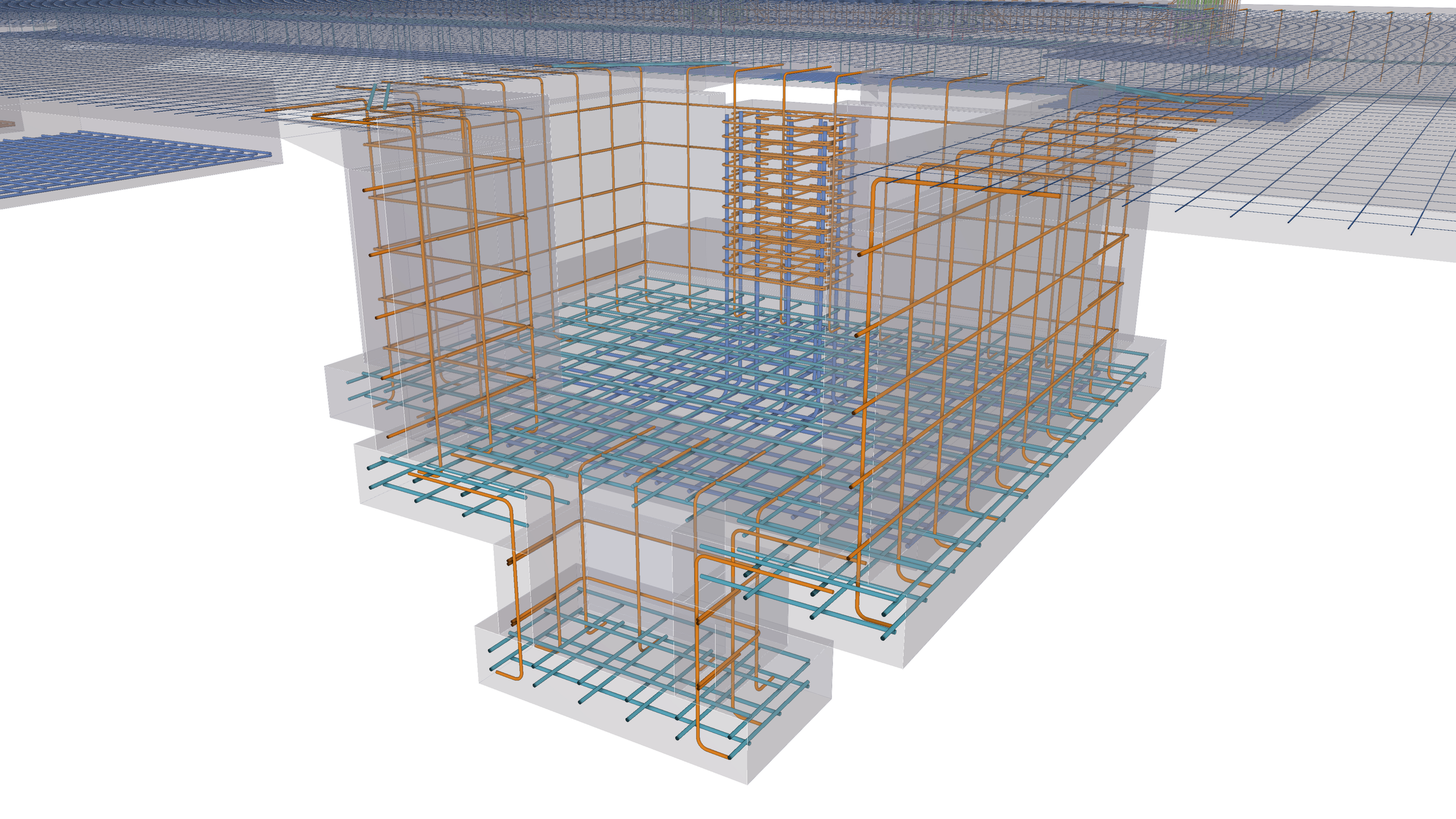3D model of a building's structural framework showing steel reinforcement bars and concrete slabs under construction.