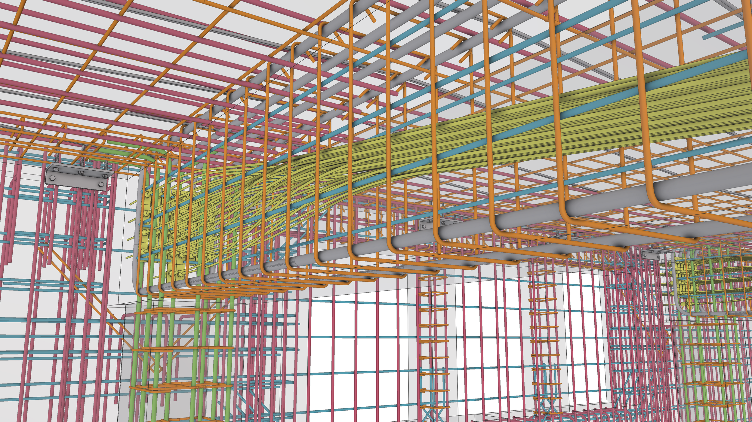 3D model of a building's structural framework showing multicolored steel beams and pipes in pink, gray, green, yellow, blue, and orange, arranged in a complex grid pattern.