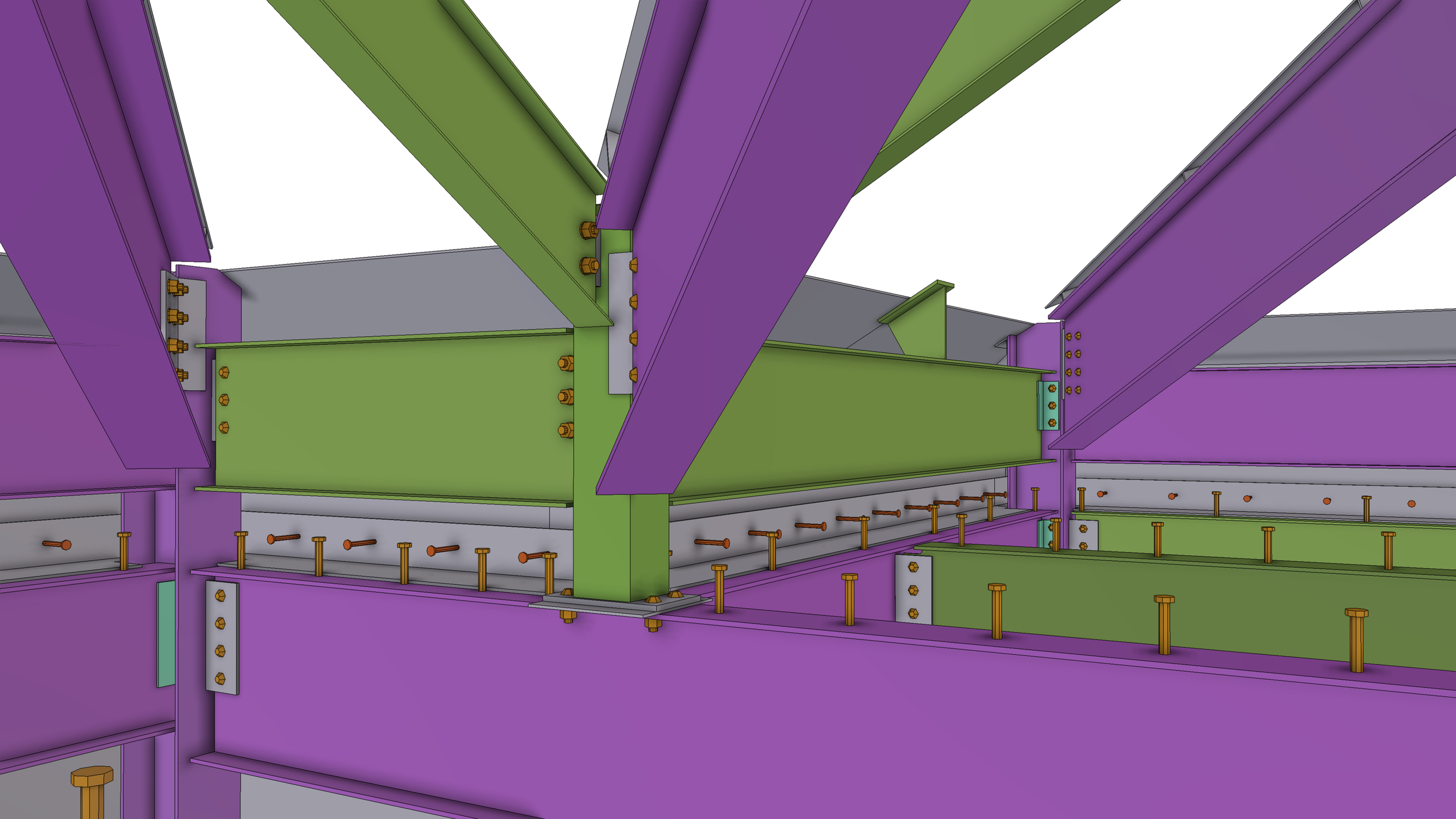 A detailed CGI illustration of a building's steel framework, showing purple, green, and gray painted steel beams and joints with bolts and nuts.
