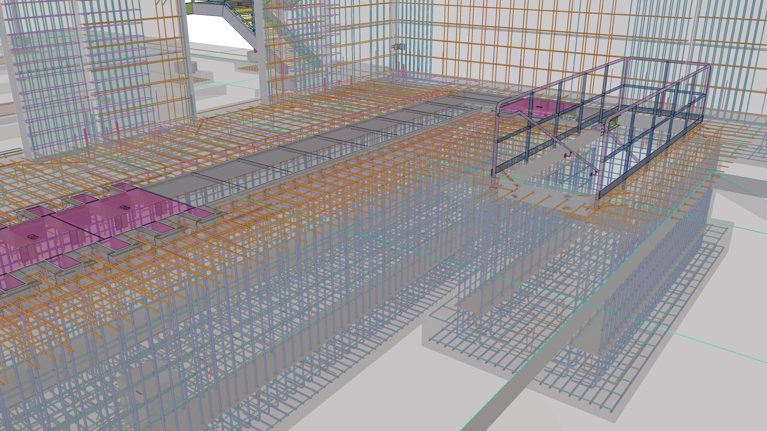 A detailed 3D digital model of a building construction frame showing multiple floors, with multicolored steel beams and columns, including staircases and structural supports.