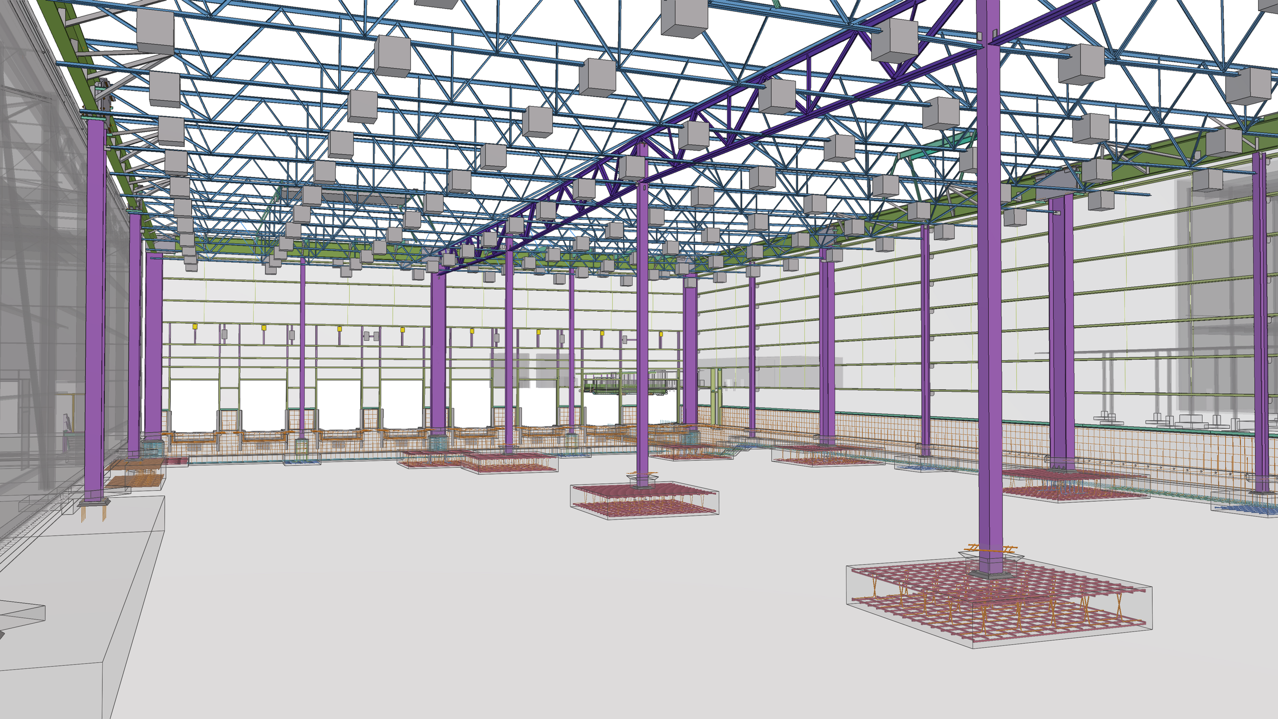 A digital architectural rendering of a large indoor space under construction with a high, curved ceiling supported by purple and green structural beams, and a network of blue trusses. There are multiple suspended gray lights and construction elements