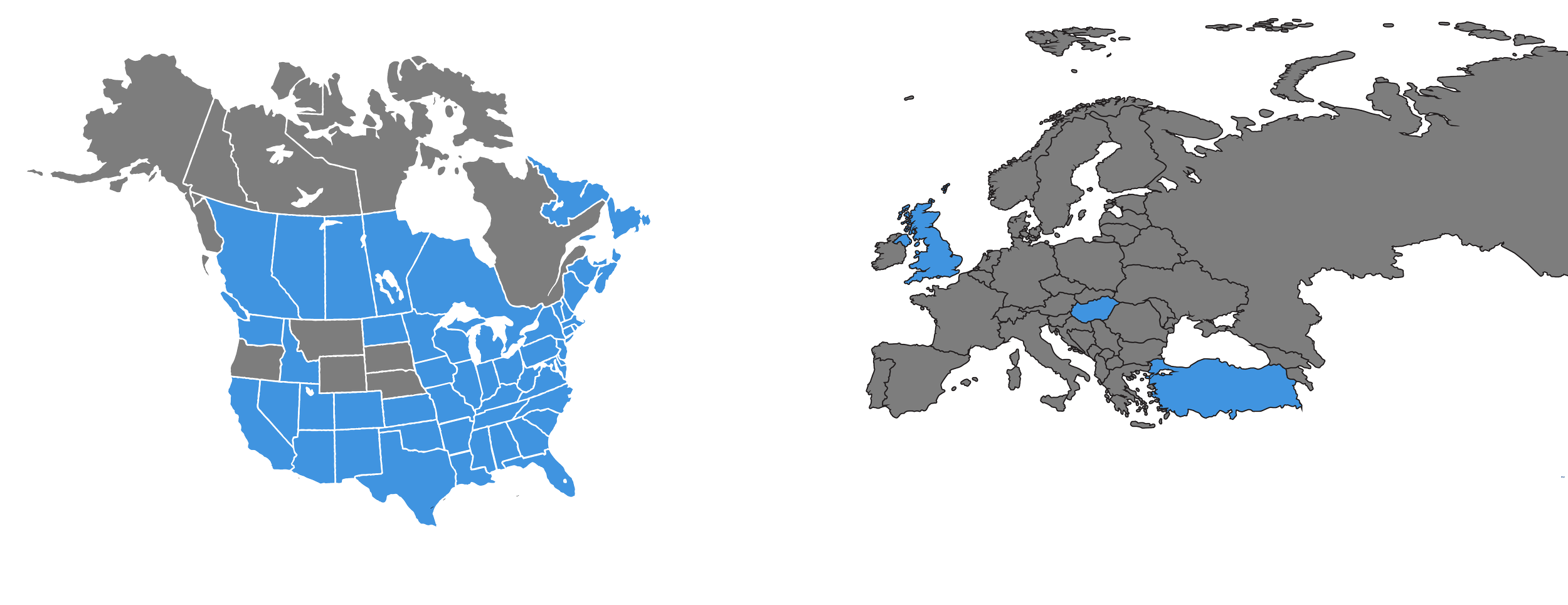 Map of the United States and Europe with certain countries highlighted in blue, including the US, UK, Ireland, Greece, and Turkey.