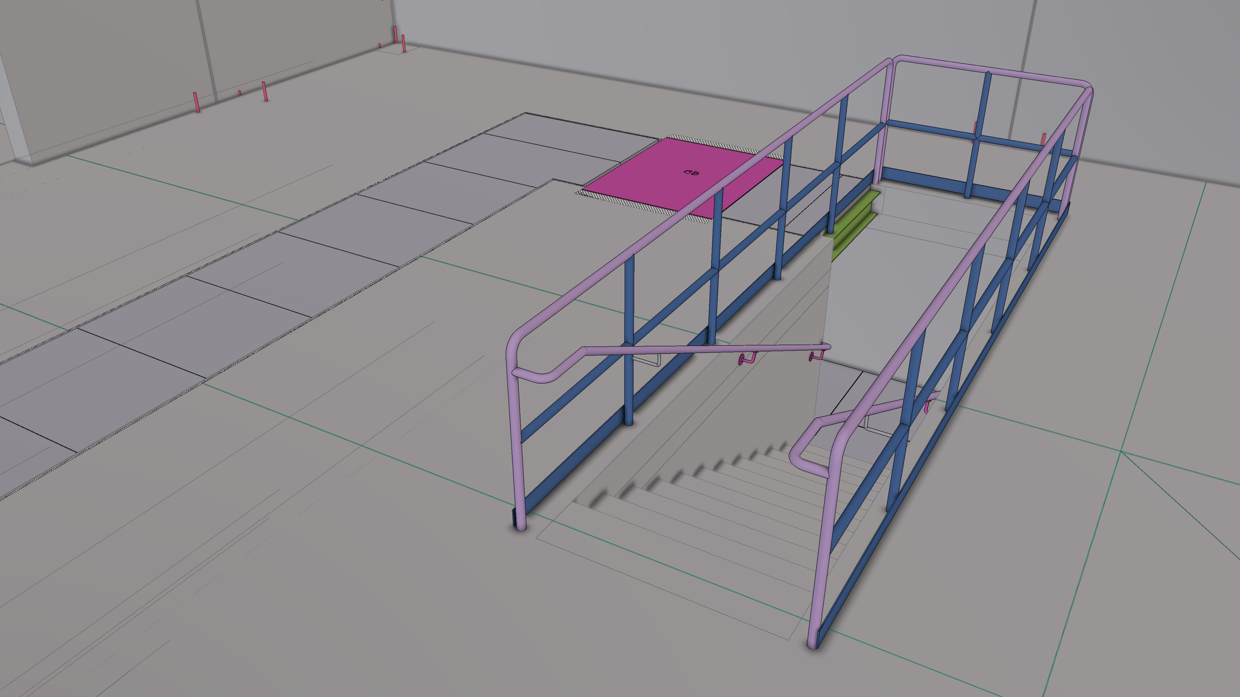 3D rendering of a staircase with colorful railings and a platform at the top, next to a tiled floor and plain walls.