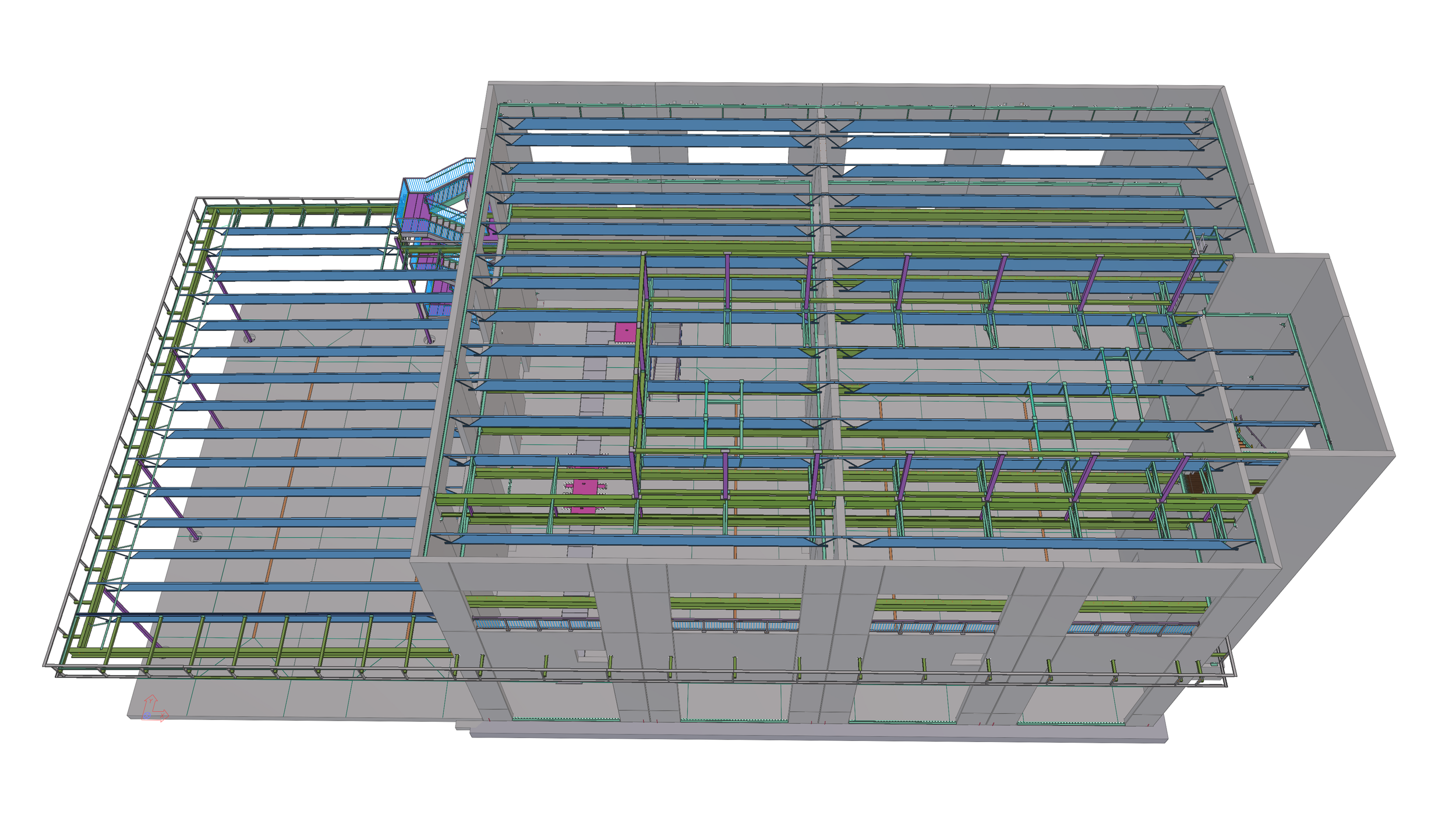 Digital architectural model of a multi-story building under construction showing structural framework, beams, and support elements.