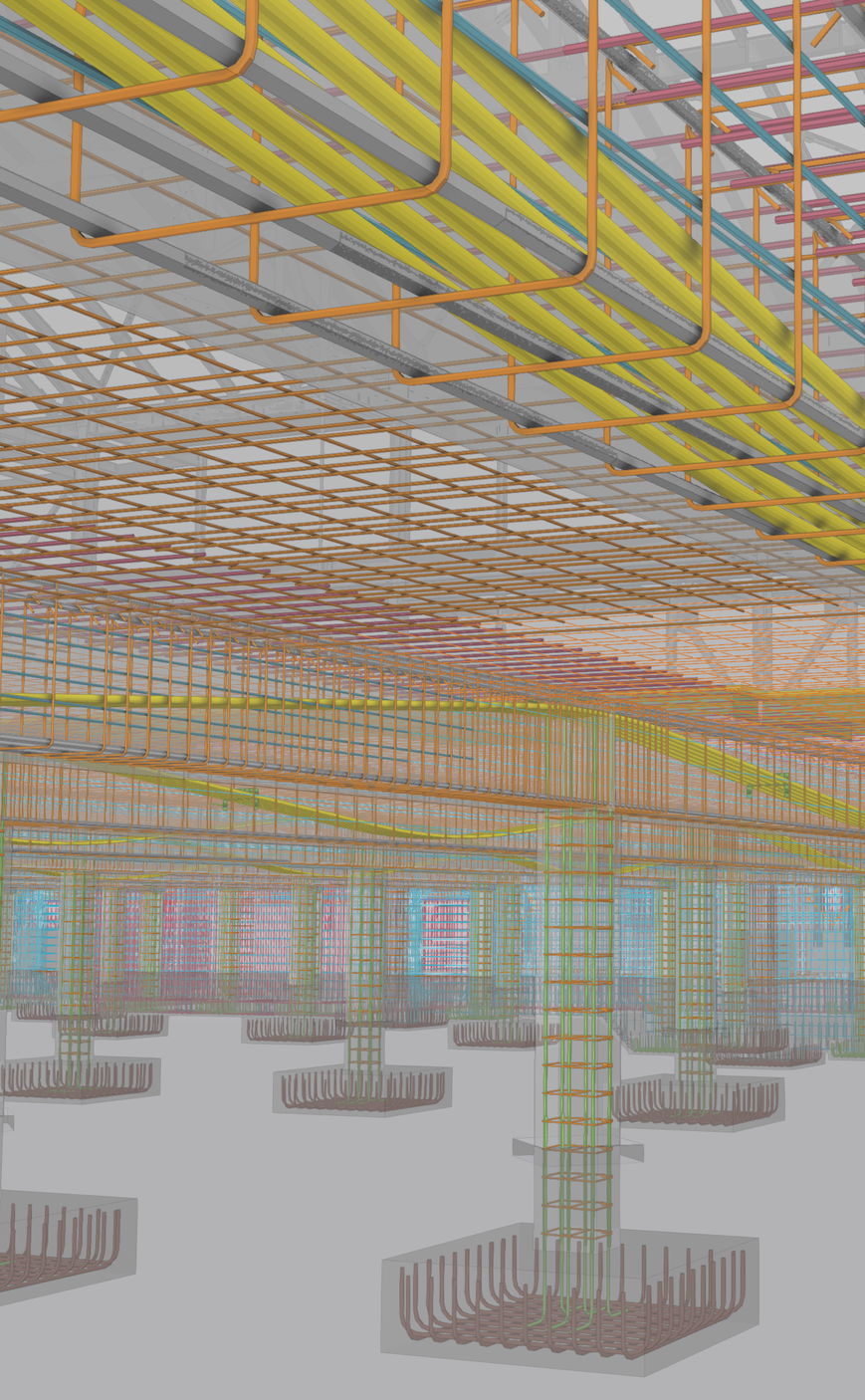Detailed construction blueprint showing electrical and plumbing conduits installed in a building's ceiling and floor.