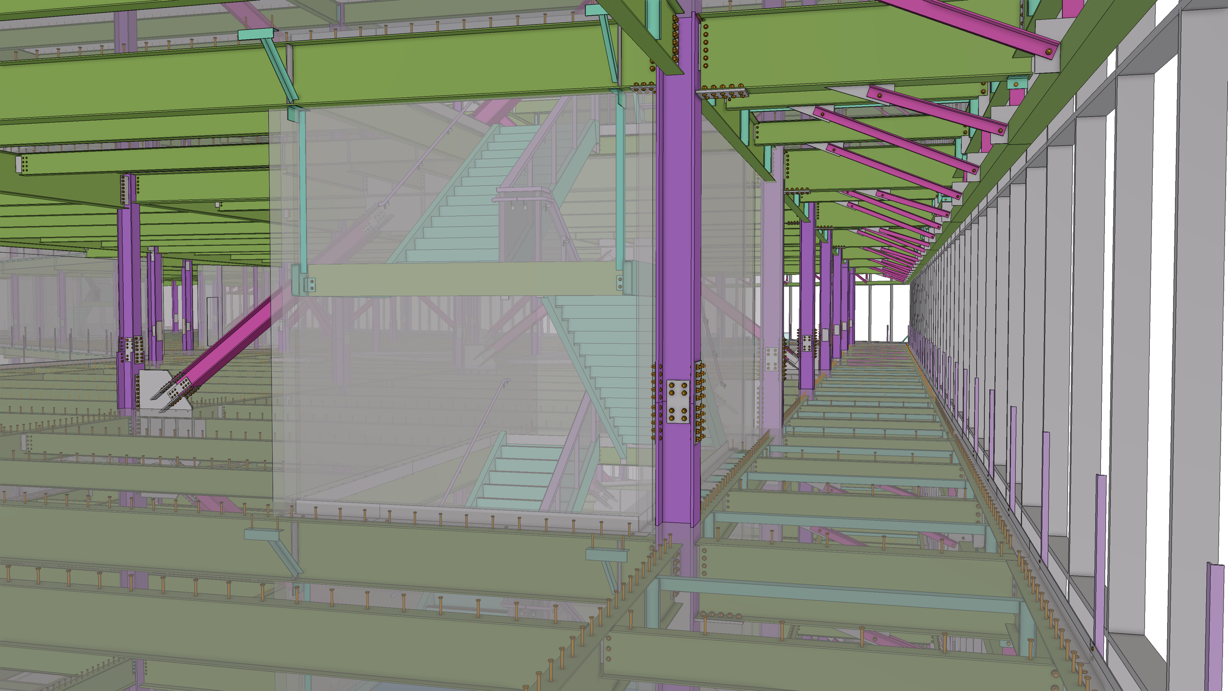 A digital rendering of a multi-level construction framework with steel beams in purple, green, and blue, including stairs, supporting structures, and safety railings.