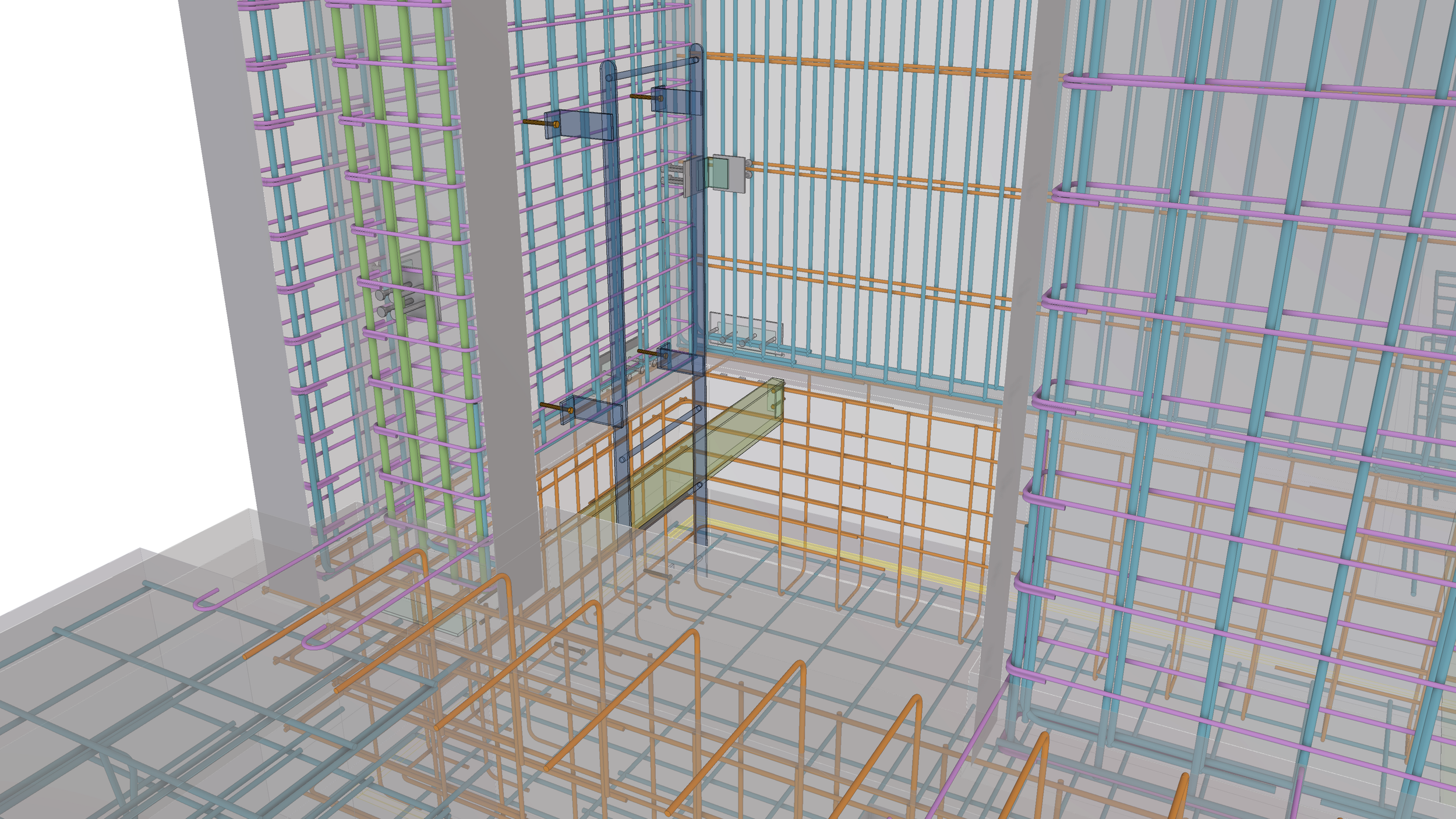 A computer-generated model of a building's structural framing showing various colored steel beams and connections.