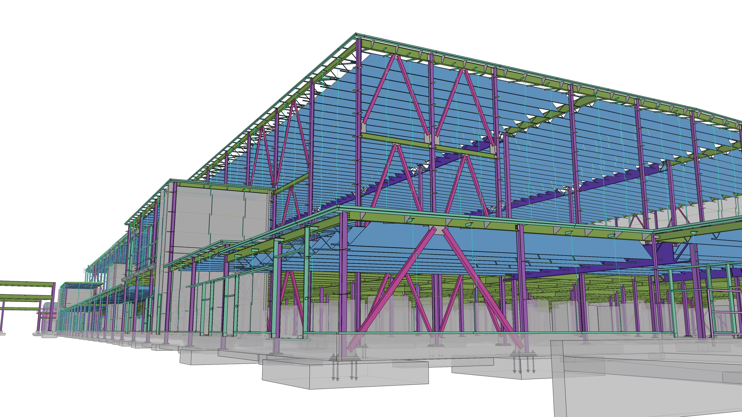 A digital architectural model of a building structure showing steel framework with different colored beams and supports.
