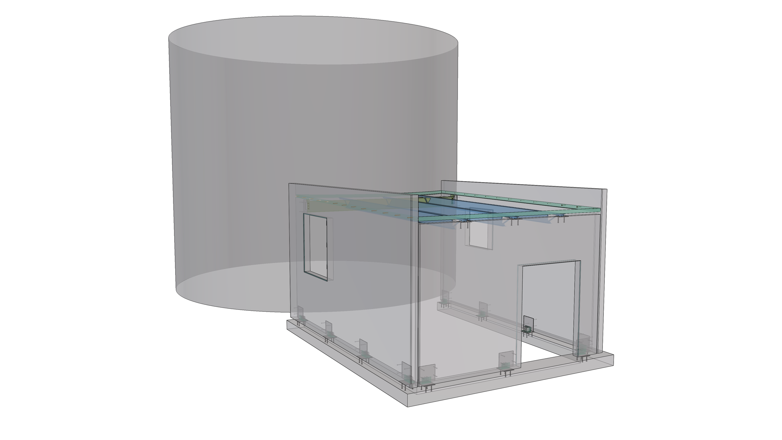 3D model of a transparent industrial machine with a large cylindrical component and a rectangular base.