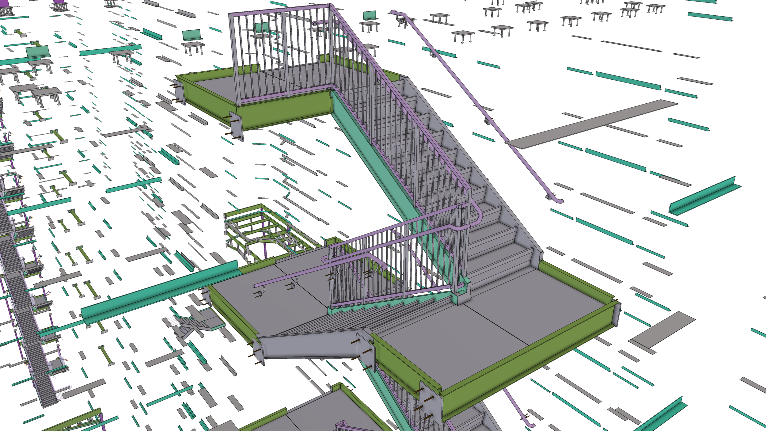 A 3D digital model of a building under construction, showing steel framing, staircases, railings, and construction elements laid out on the floor.