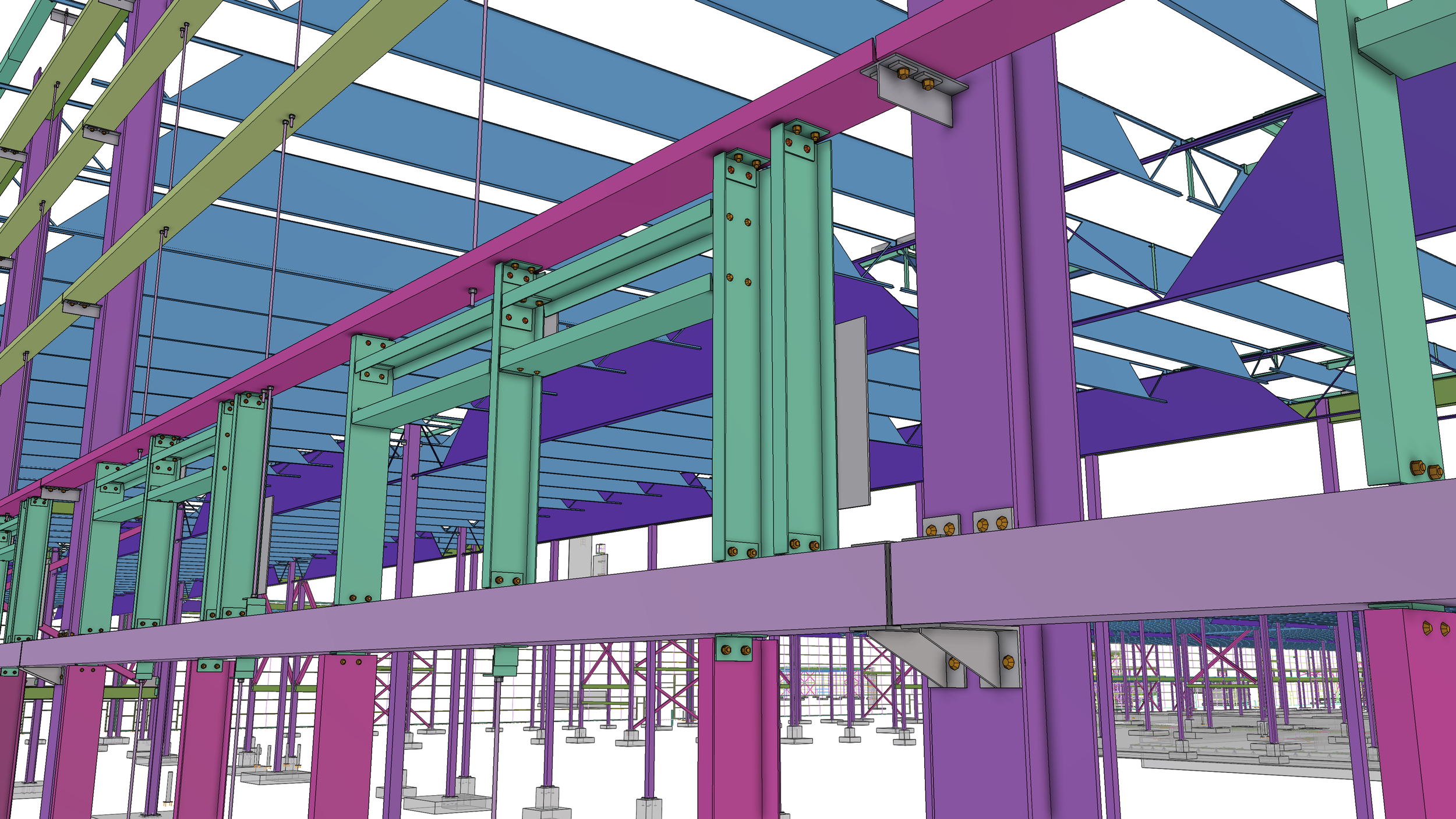 3D rendering of a building's structural framework showcasing colorful steel beams, supports, and bolts in purple, green, blue, and pink.