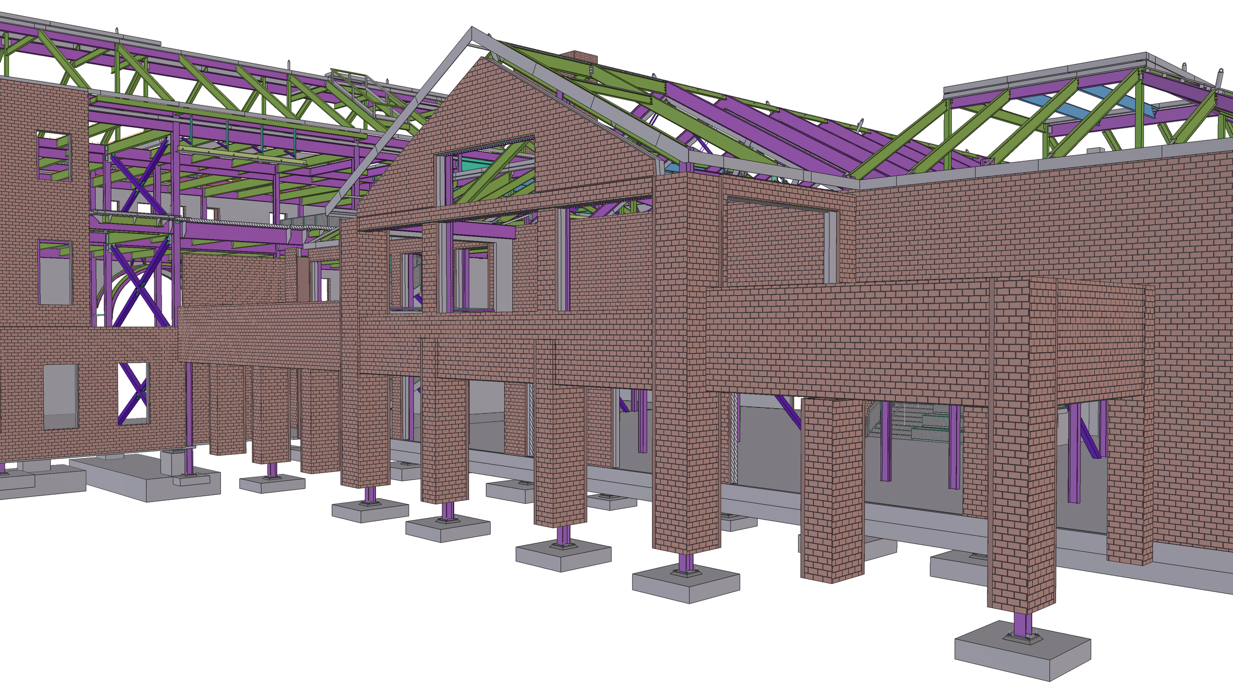 3D model of a partially constructed brick building with visible steel framework and foundation supports.