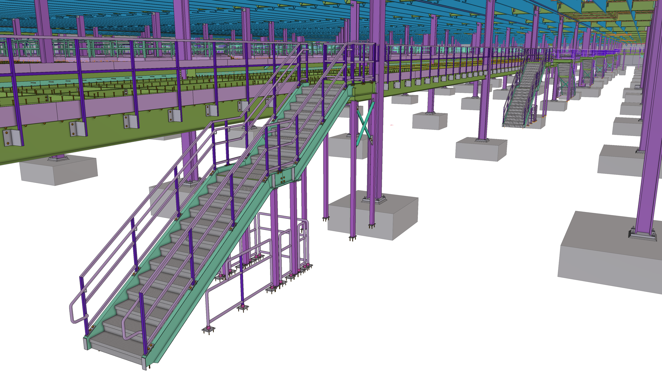 3D render of a multi-level steel structure with stairs, purple support beams, green walkways, and gray concrete footings.