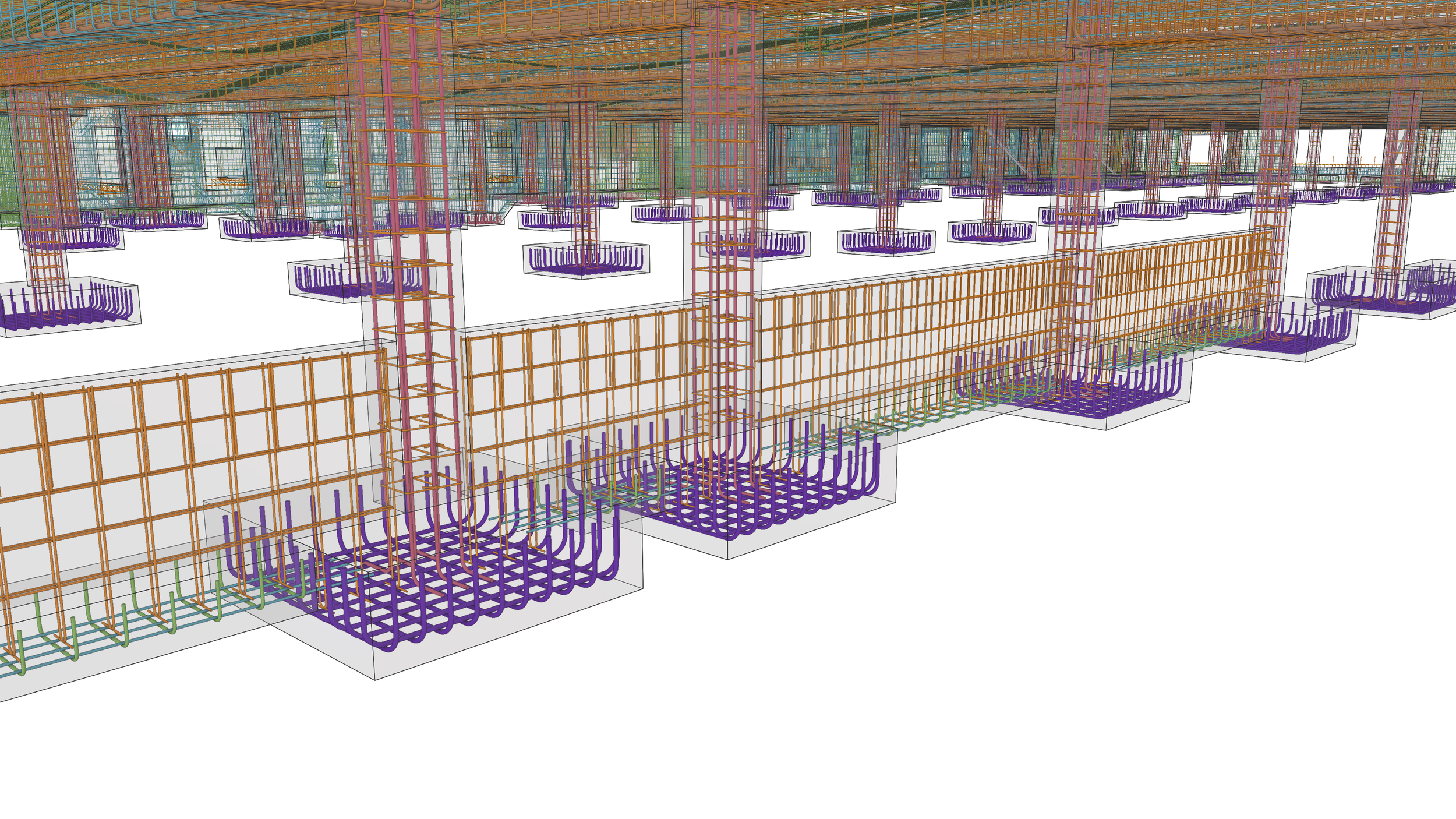 A detailed 3D model of a building's structural framework with various colored steel rebar and support beams.