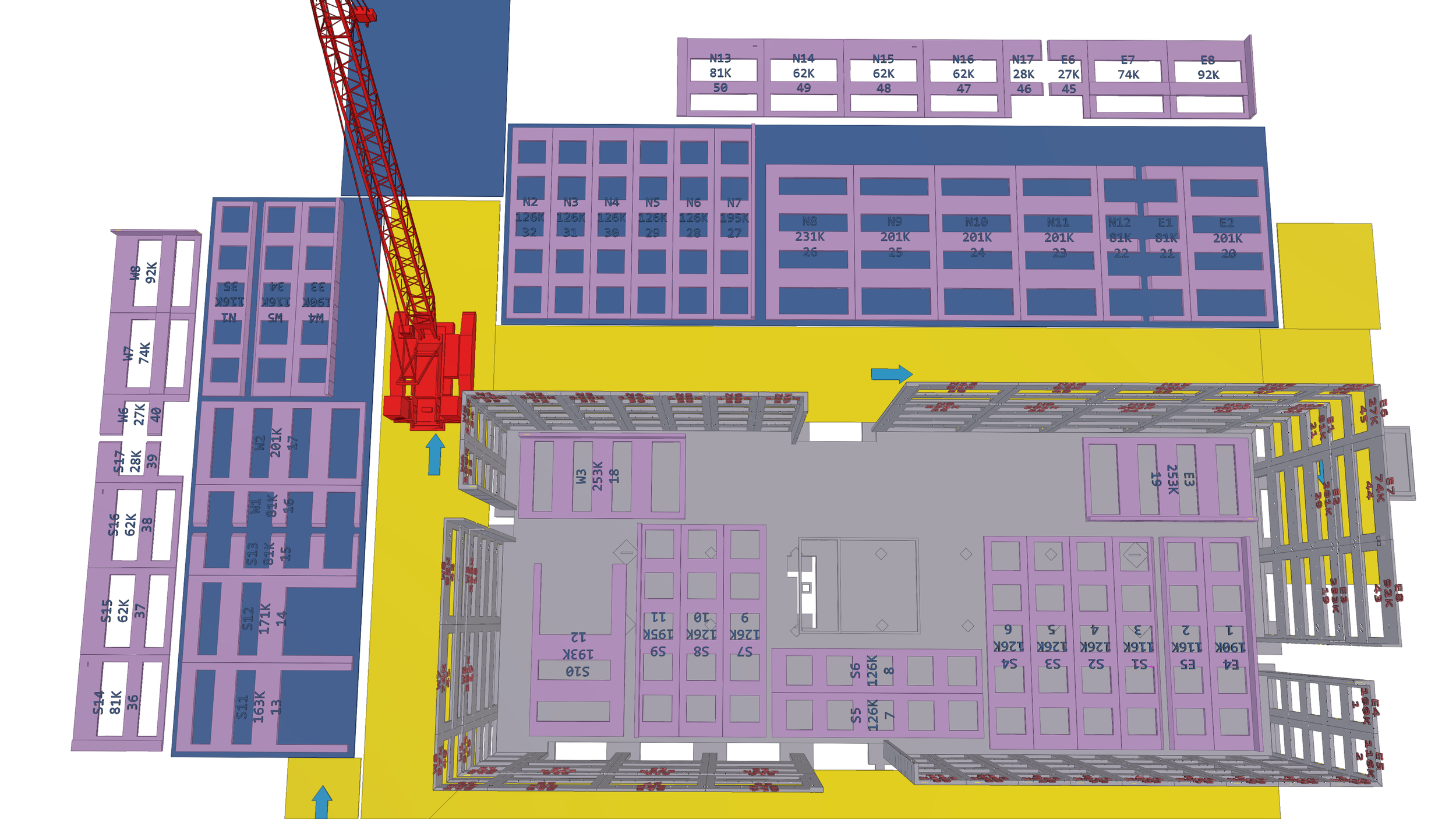 3D architectural model of a building under construction showing structural framing, walls, and floor layouts with various annotations and color codes.