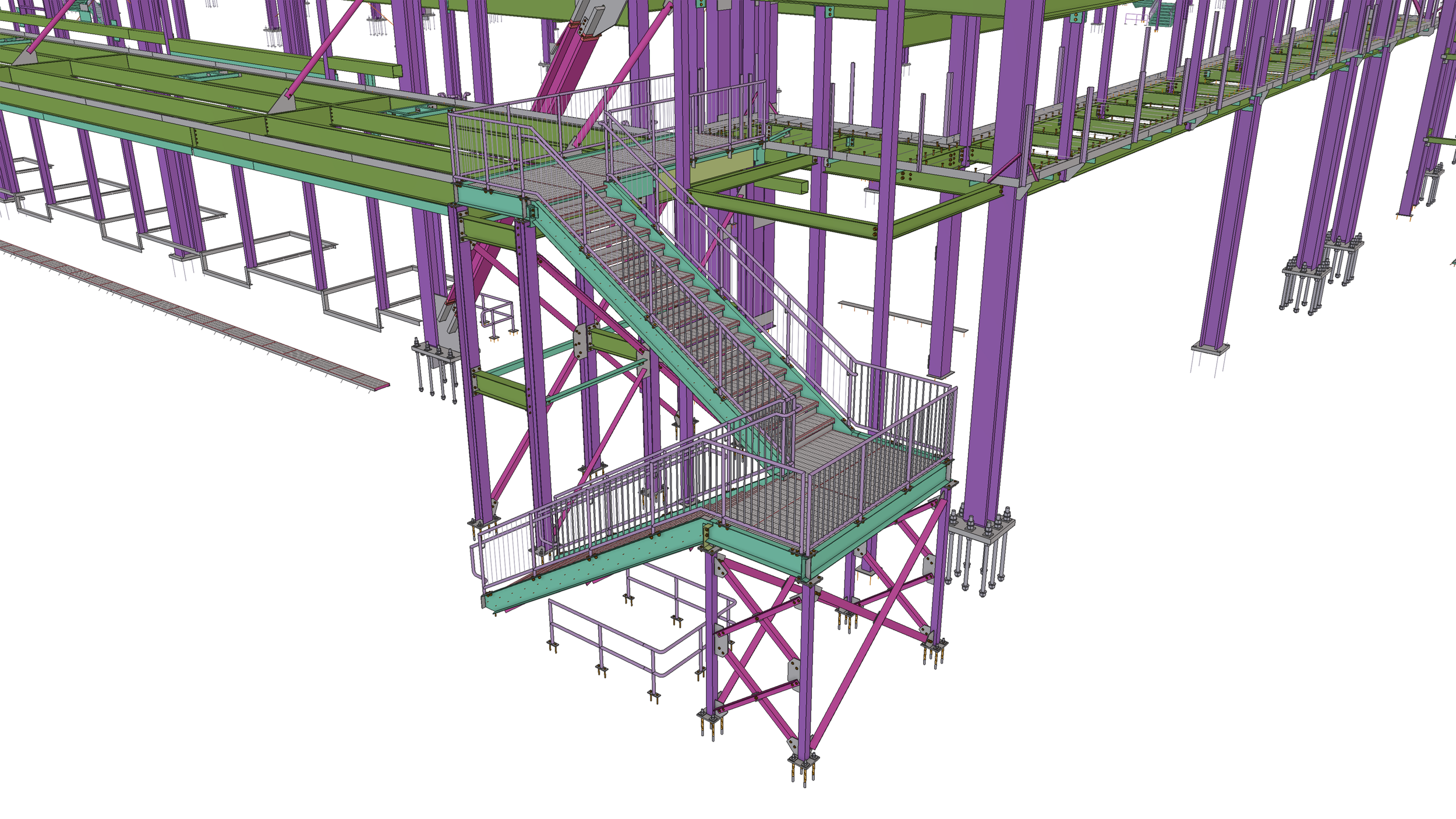 3D model of a construction scaffold with stairs, railings, and support beams in purple and teal colors, designed for building support.