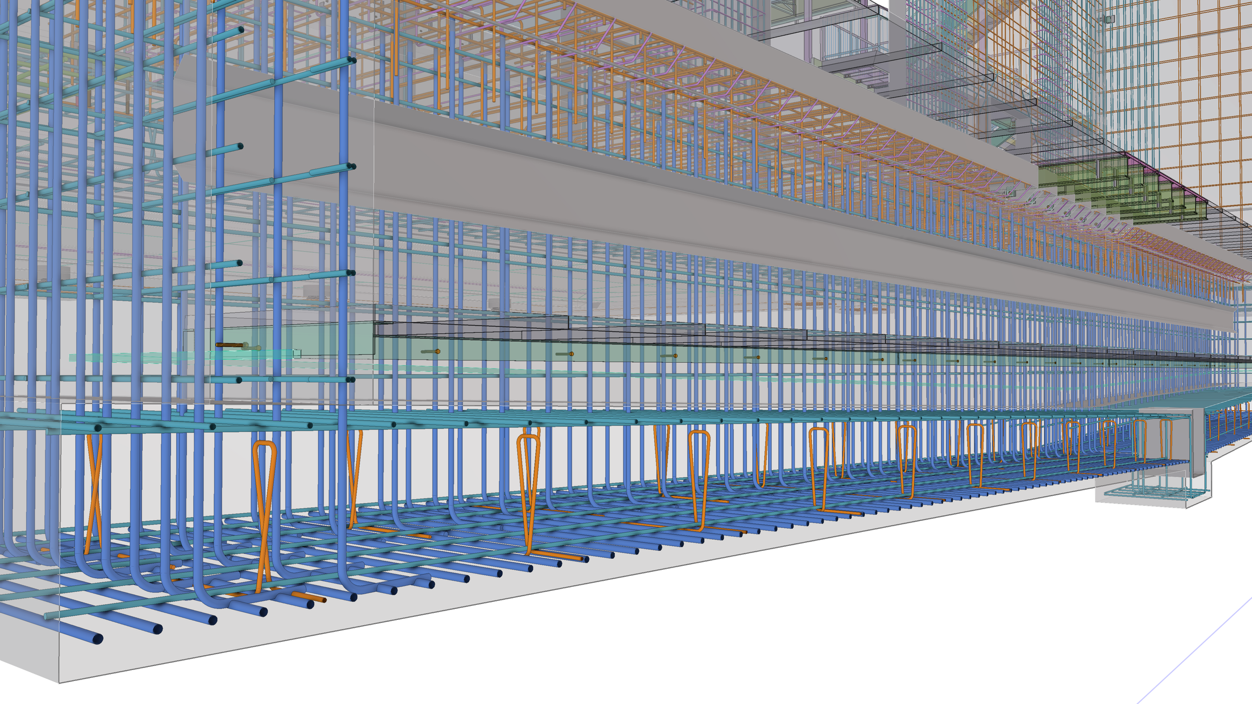 3D model of a building under construction showing steel framework, including beams, columns, and scaffolding with different colors indicating various structural elements.