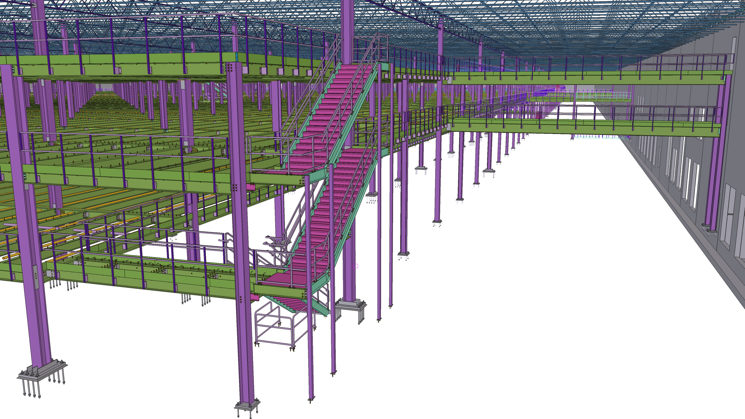 Digital drawing of a steel structure with colorful beams and stairs, part of a building under construction.