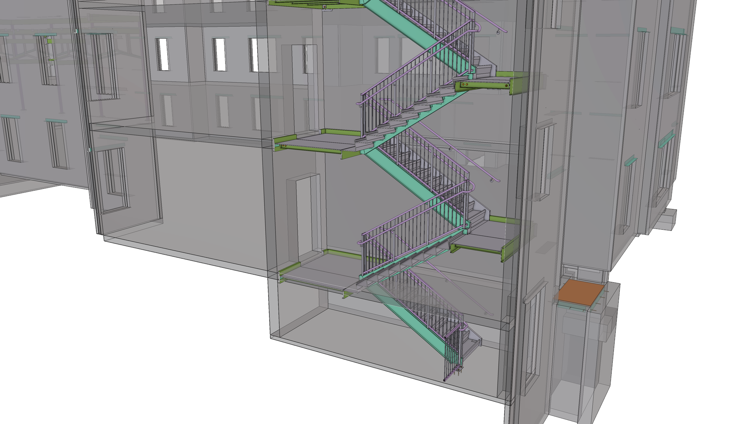 A digital architectural rendering of an exterior building with an external staircase featuring green treads, purple handrails, and metal balustrades, with a transparent facade showing interior space.