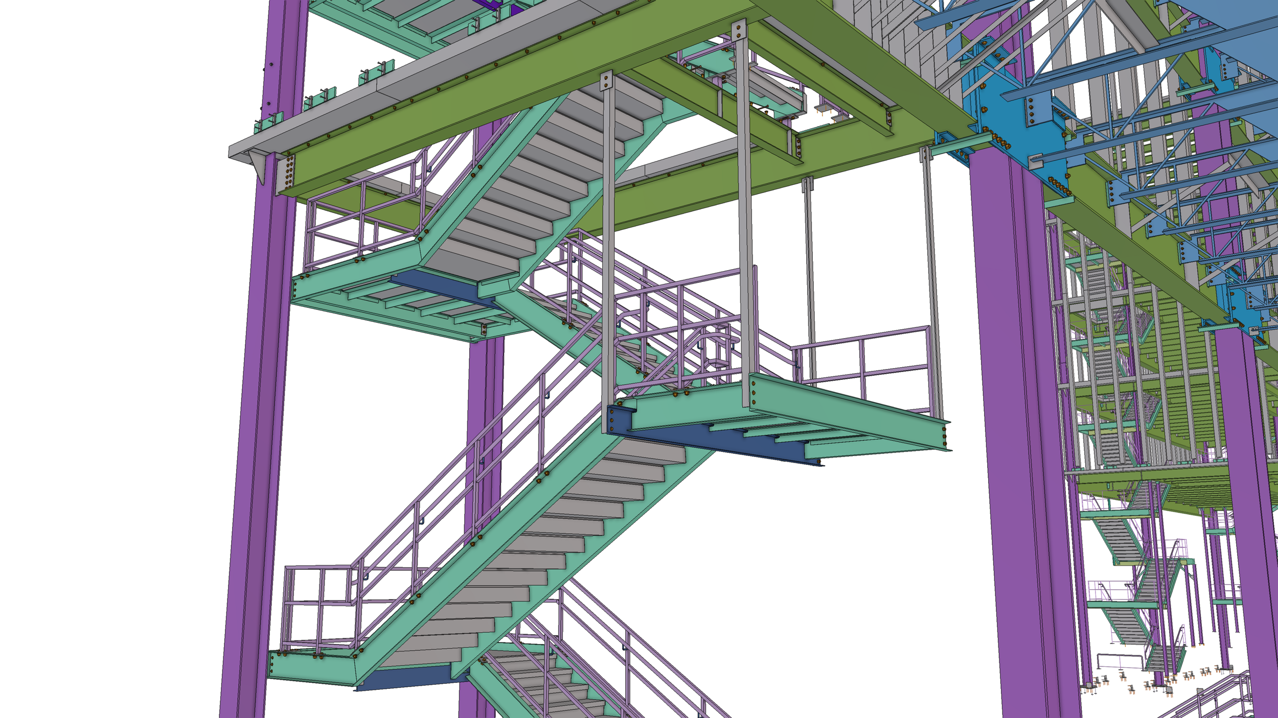 Colorful CAD design of a spiral staircase with multiple landings, railings, and support beams in green, purple, blue, and gray.