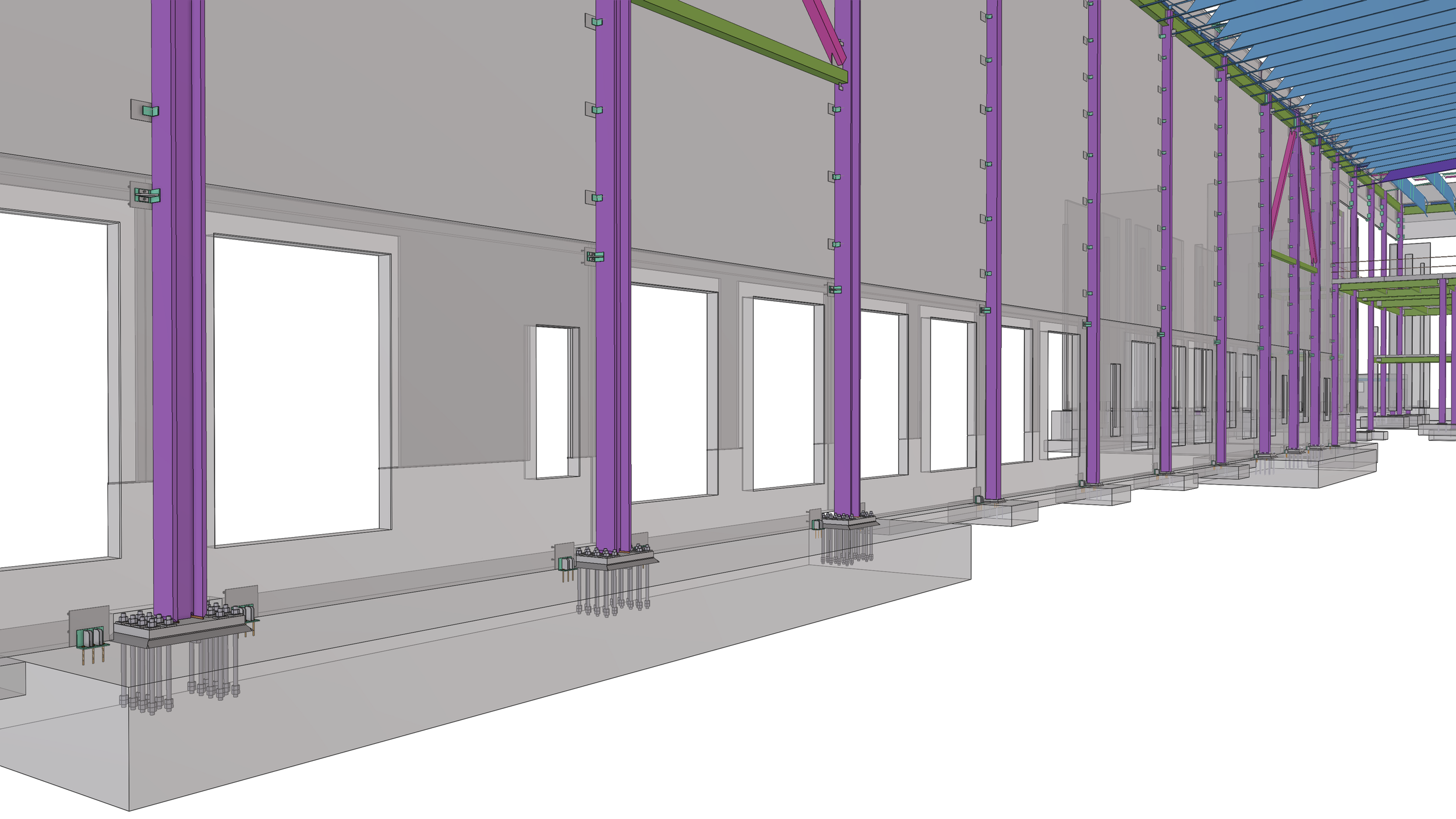 A digital architectural rendering of a building's interior framework showing purple vertical steel studs, green horizontal beams, and blue ceiling supports with floor foundations.