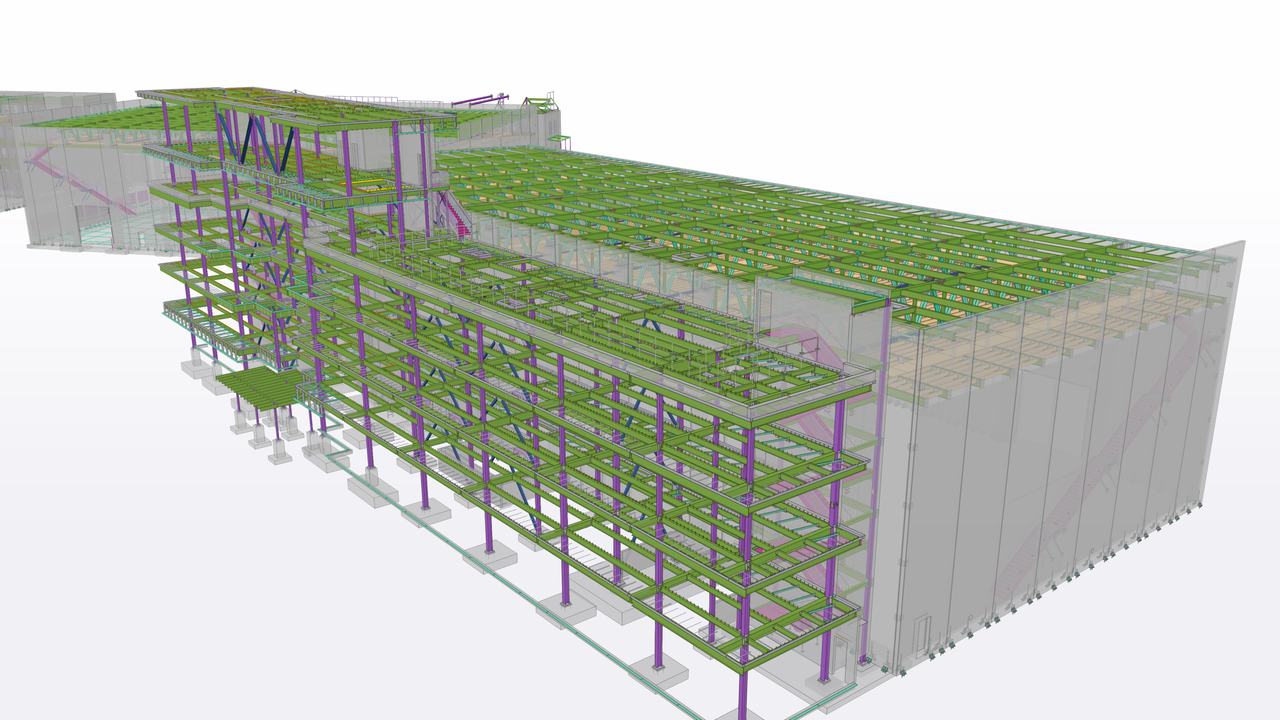 Digital architectural rendering of a large multi-story building framework with colored structural elements and glass walls.