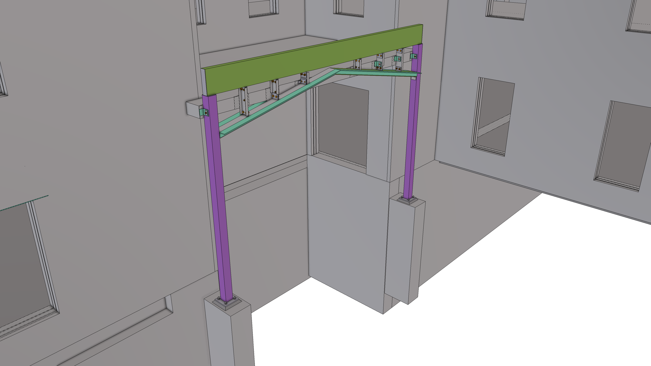 3D model of a building interior showing expansion joints with purple and green structural elements, and multiple windows on the walls.