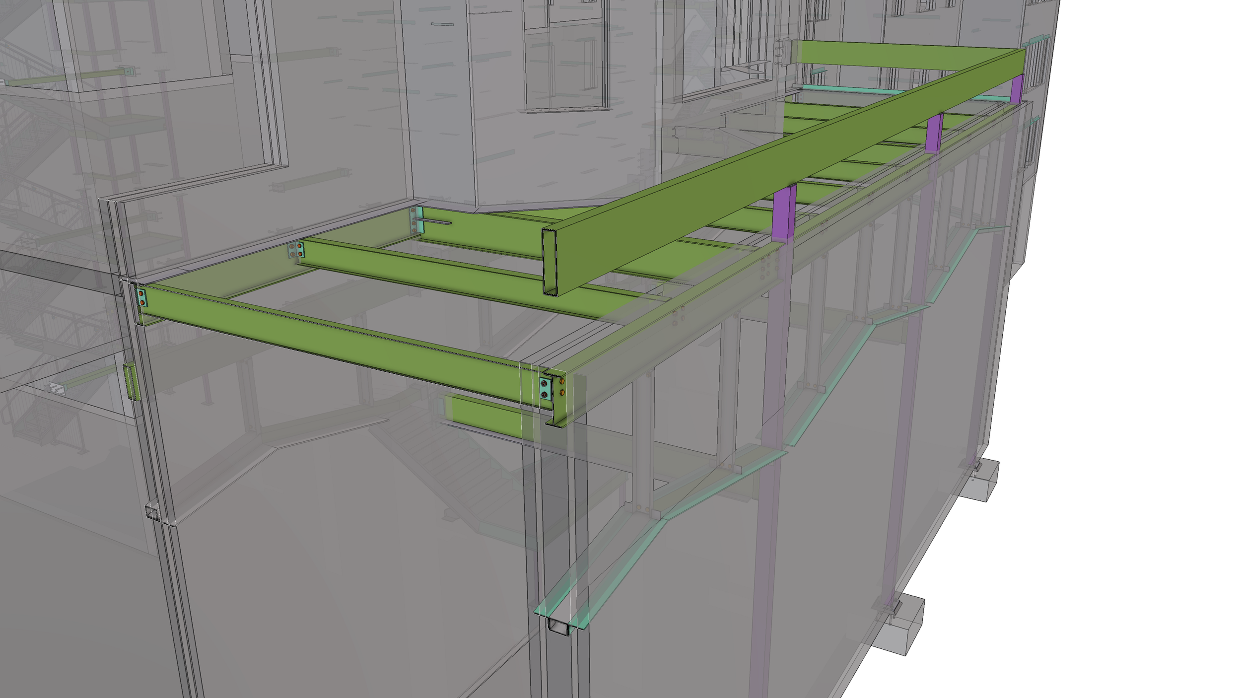 A digital architectural rendering of a building's interior with green and purple structural elements and multiple levels, viewed from an angled perspective.
