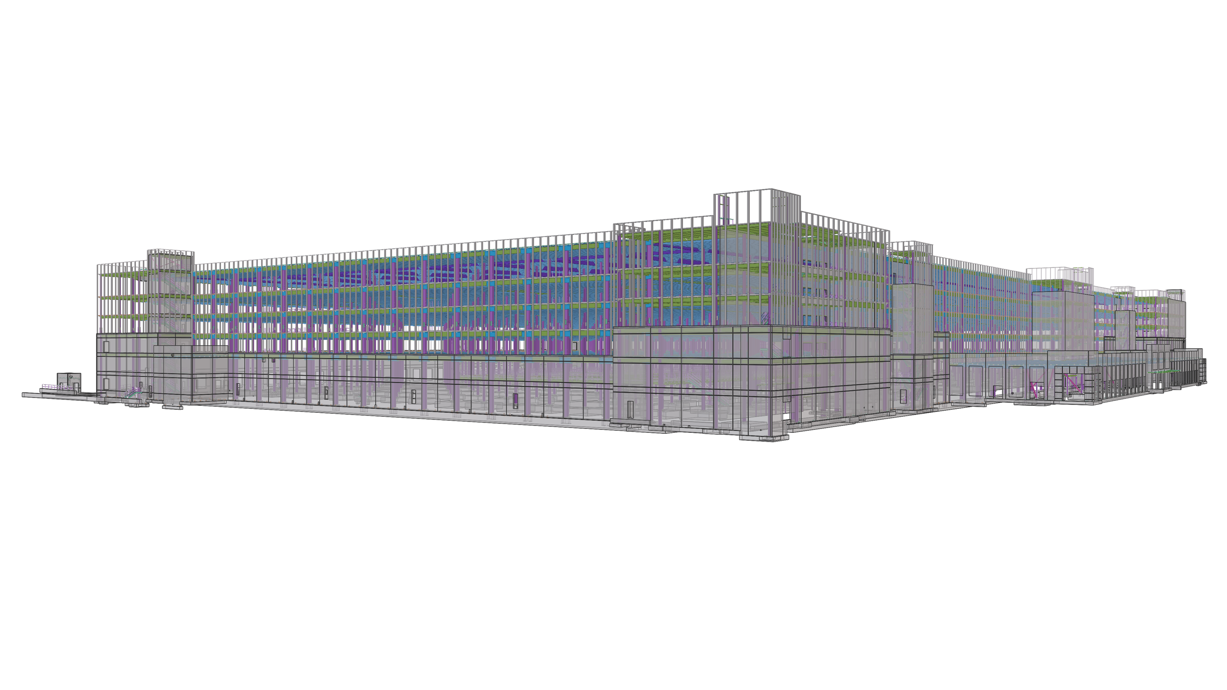 Digital architectural drawing of a modern multi-story building with a colorful exterior and multiple levels.