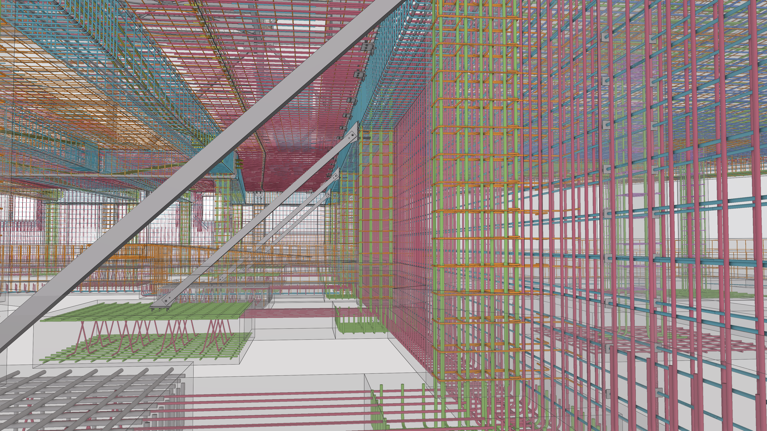 Digital wireframe model of a multi-story building's interior showing structural framework with colorful pipes, beams, and support elements.