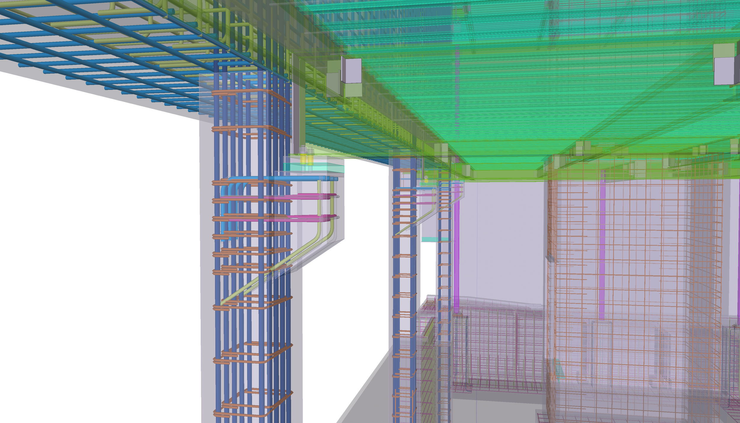 A digital 3D model visualization of a building's infrastructure, including structural framework, piping, and wiring.