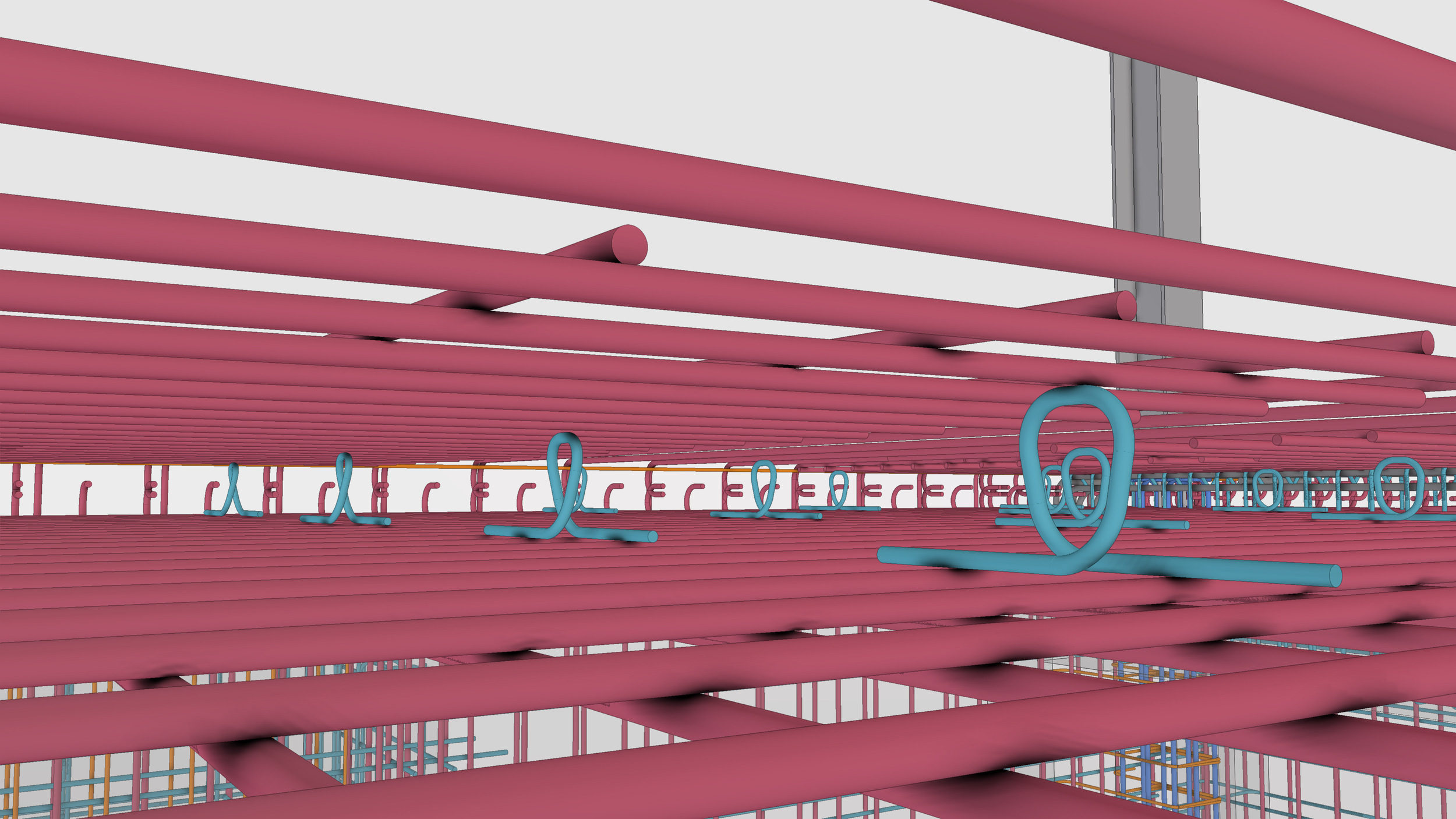 3D rendering of a plumbing structure with pink pipes on a grid-like metal frame, blue pipes, and various fittings.