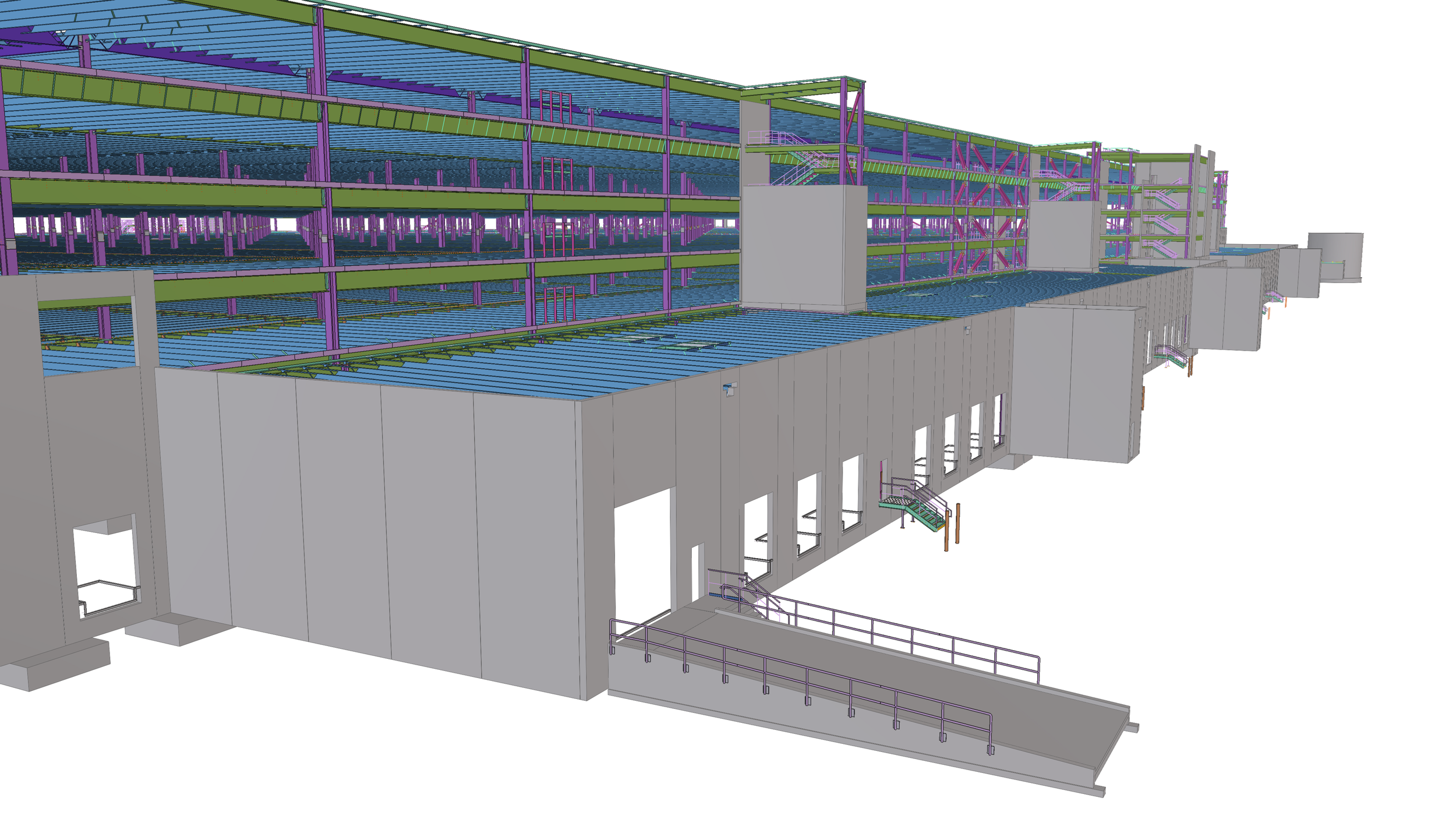 Architectural 3D rendering of a building structure with multiple floors, staircases, and structural elements highlighted in purple, green, and blue.