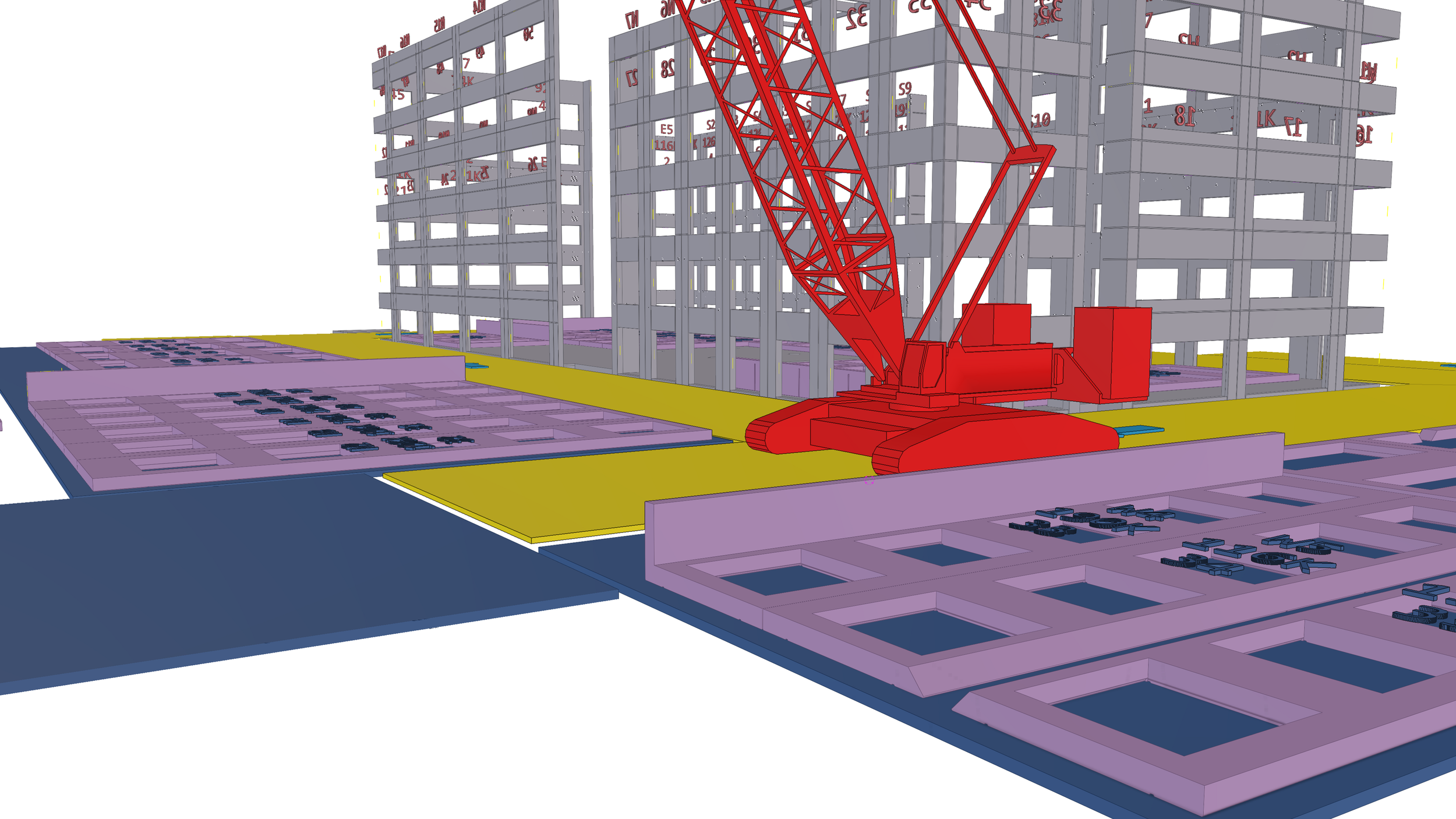 A digital rendering of a building construction site, showing a multi-story framework with a red crane and multiple construction materials and equipment on the ground.