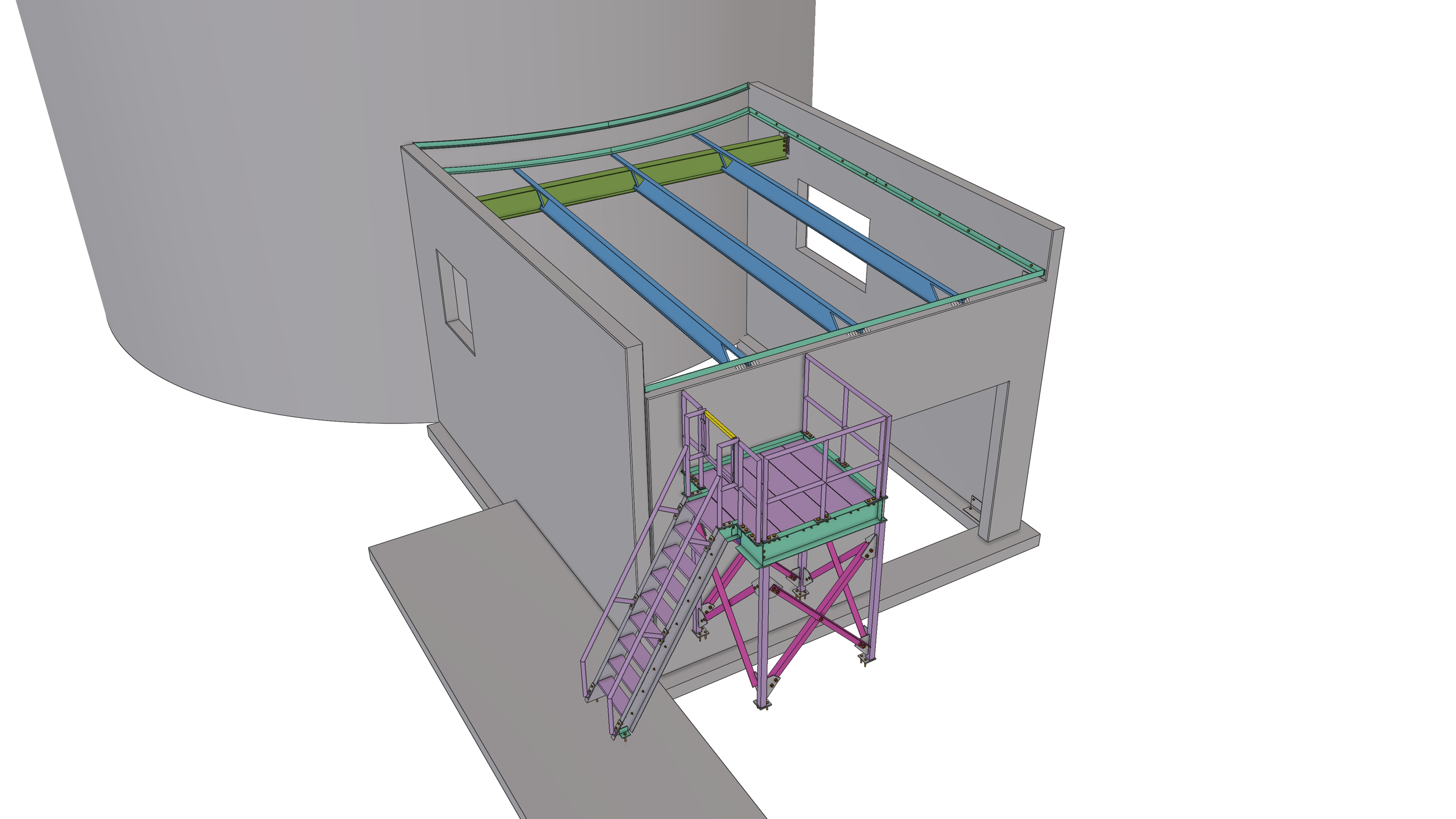 3D rendering of a structural framework with steel beams, staircases, and a platform, possibly part of a building or construction project.
